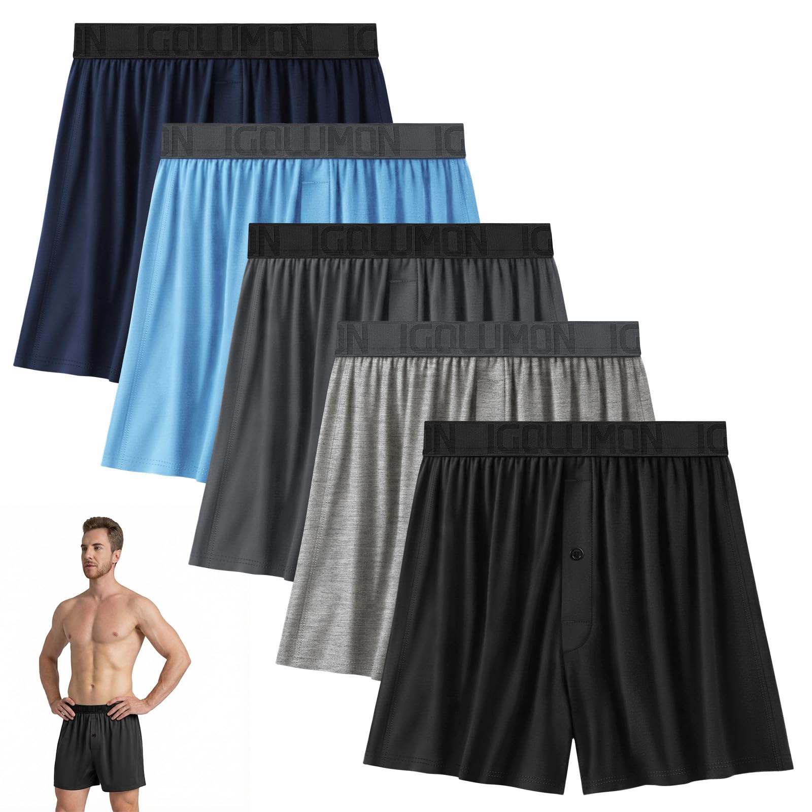 IGOLUMON Mens Boxer Shorts Underwear Soft Breathable Bamboo Rayon Boxers for Men Relaxed Fit Boxers with Button Fly 5 Pack