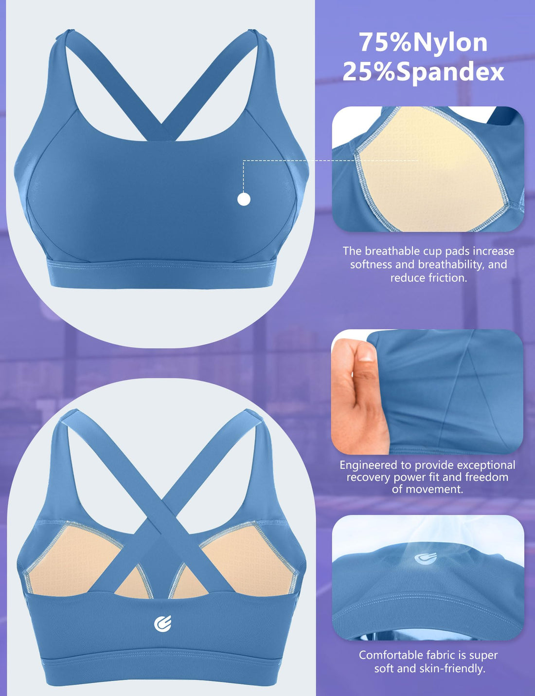 Cordaw Pickleball Sports Bras for Women High Support, Molded Cup Crisscross Back High Impact Workout Yoga Bra