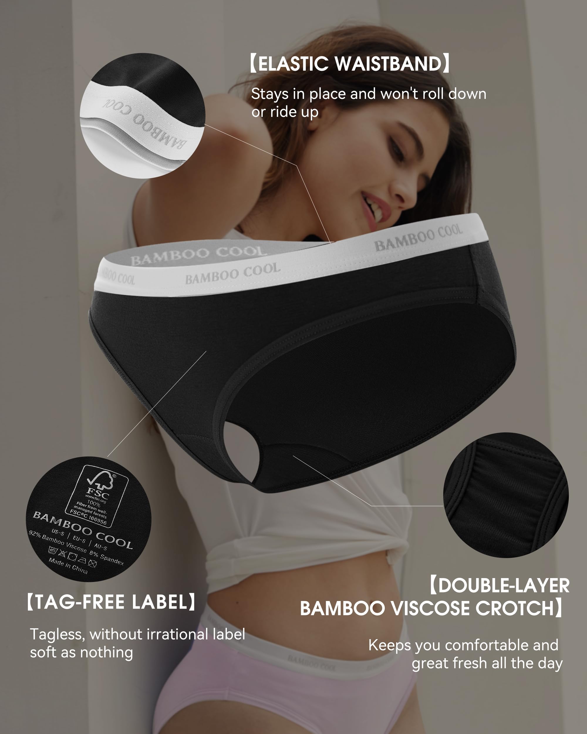 BAMBOO COOL Womens Underwear Bikini Underpants Hipster Ladies Panties Soft Stretch Breathable Panties for Women, 5-Pack
