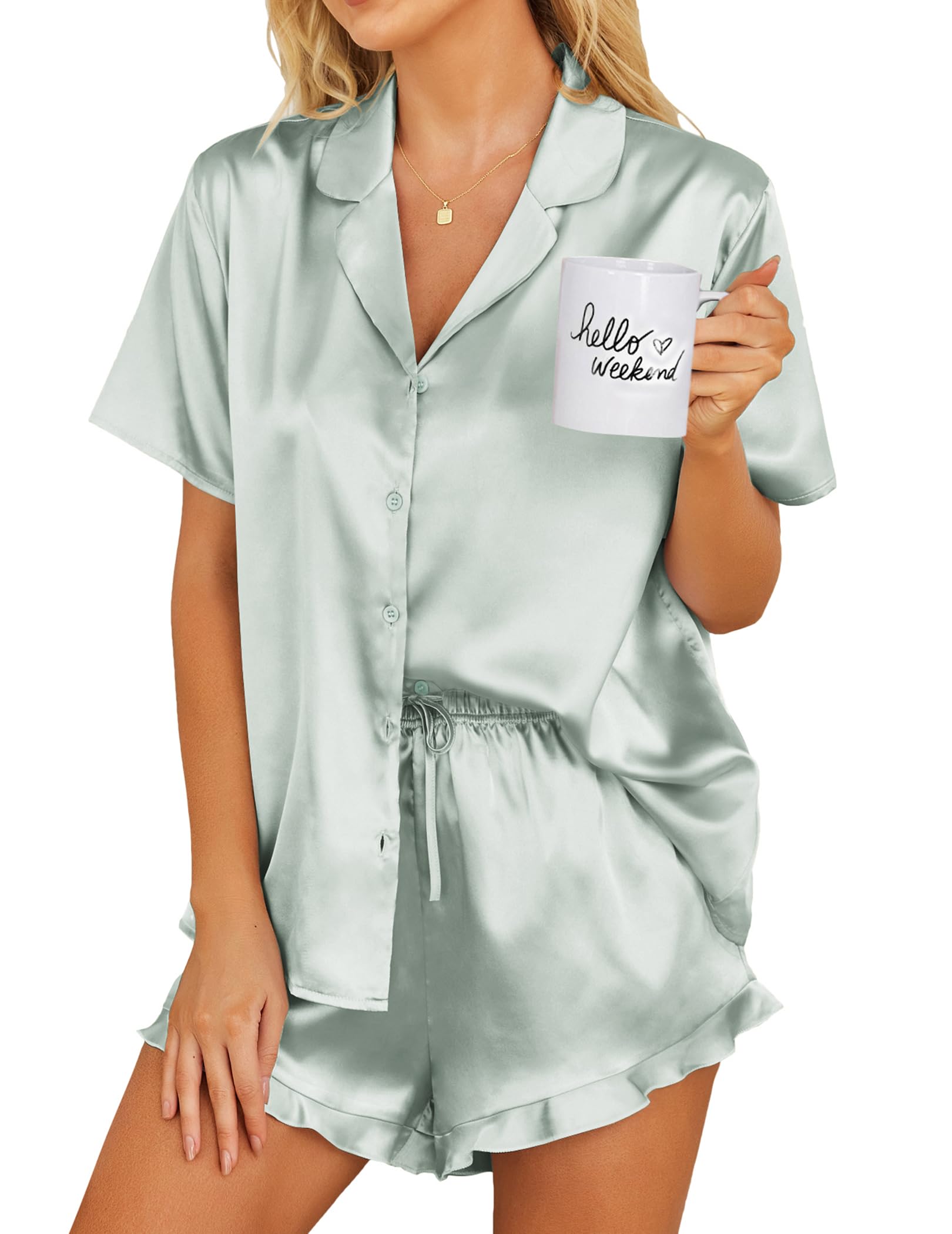 Ekouaer Womens Satin Pajamas Set Button Down Silk Pj Shorts Set with Ruffle
