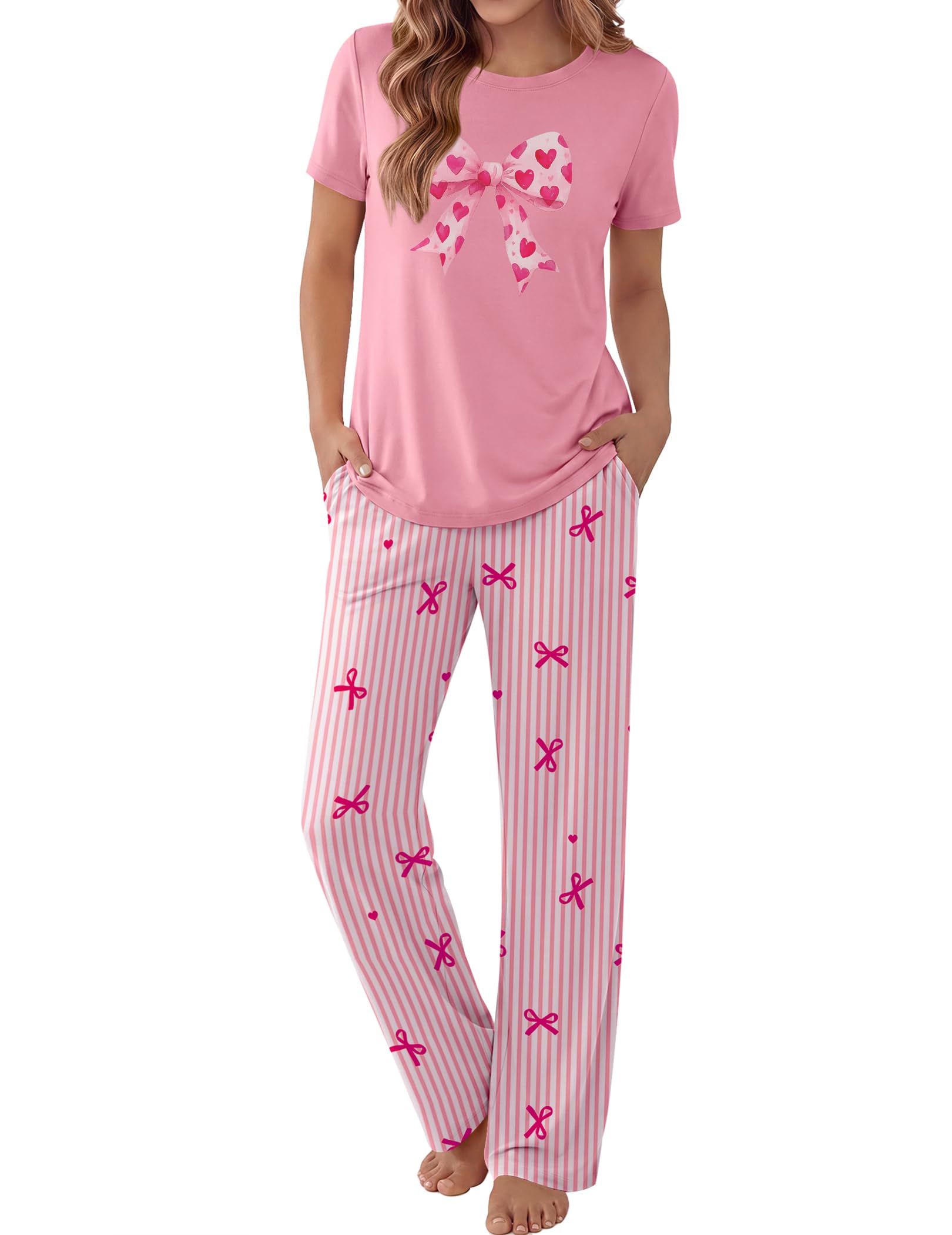 Ekouaer Pajama Set for Women 2 Piece Pjs Short Sleeve Top and Printed Pants