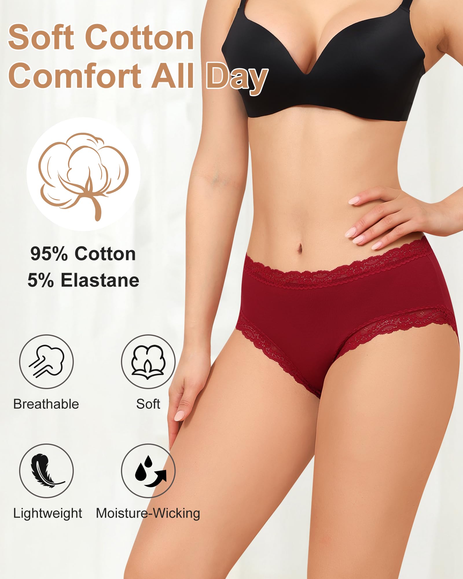 LEVAO Women's Cotton Brief Panties Soft Breathable Lace Trim 5 Pack