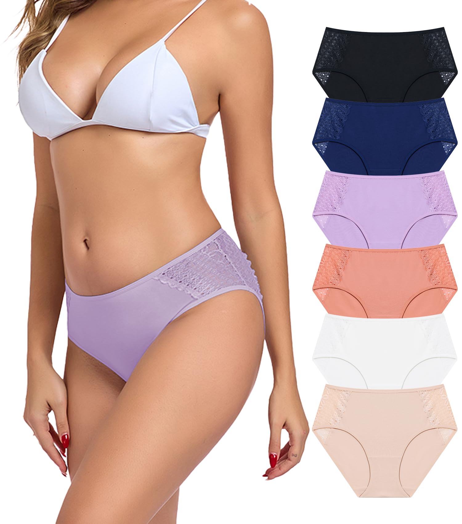 COLORFULLEAF Women's Cotton Hipster Panties Sexy Lace Underwear Pack Soft Moisture Wicking Bikini Briefs