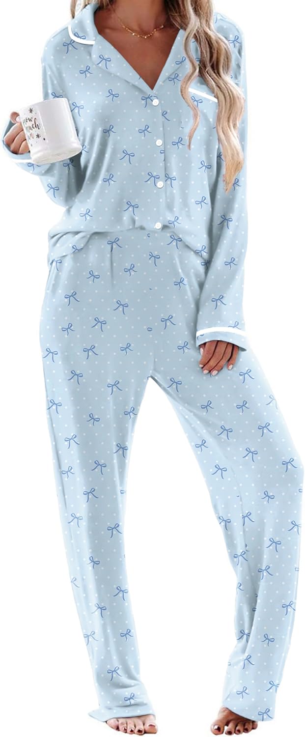 Ekouaer Womens Pajama Sets Long Sleeve Button Down 2 Piece Soft Pjs