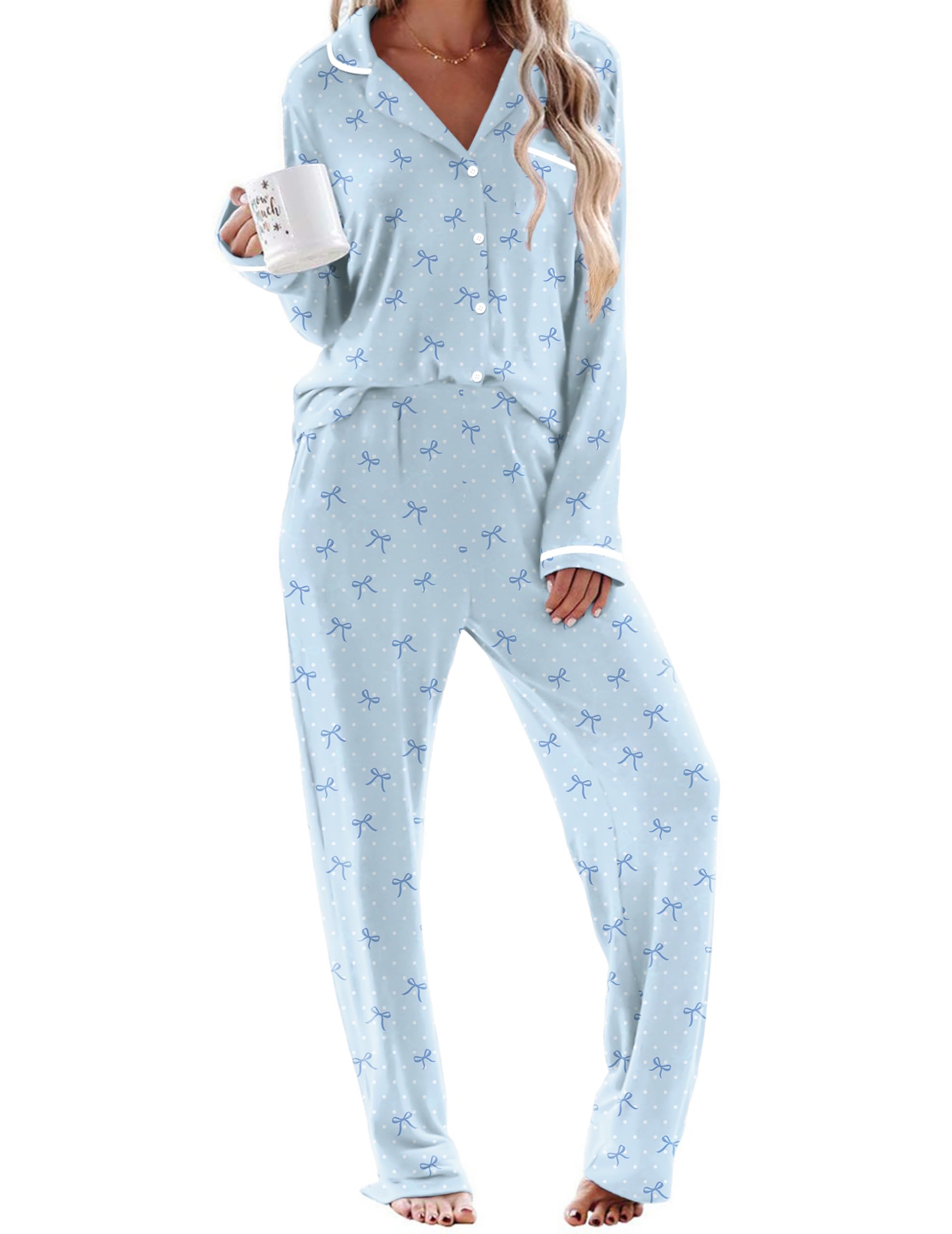 Ekouaer Womens Pajama Sets Long Sleeve Button Down 2 Piece Soft Pjs