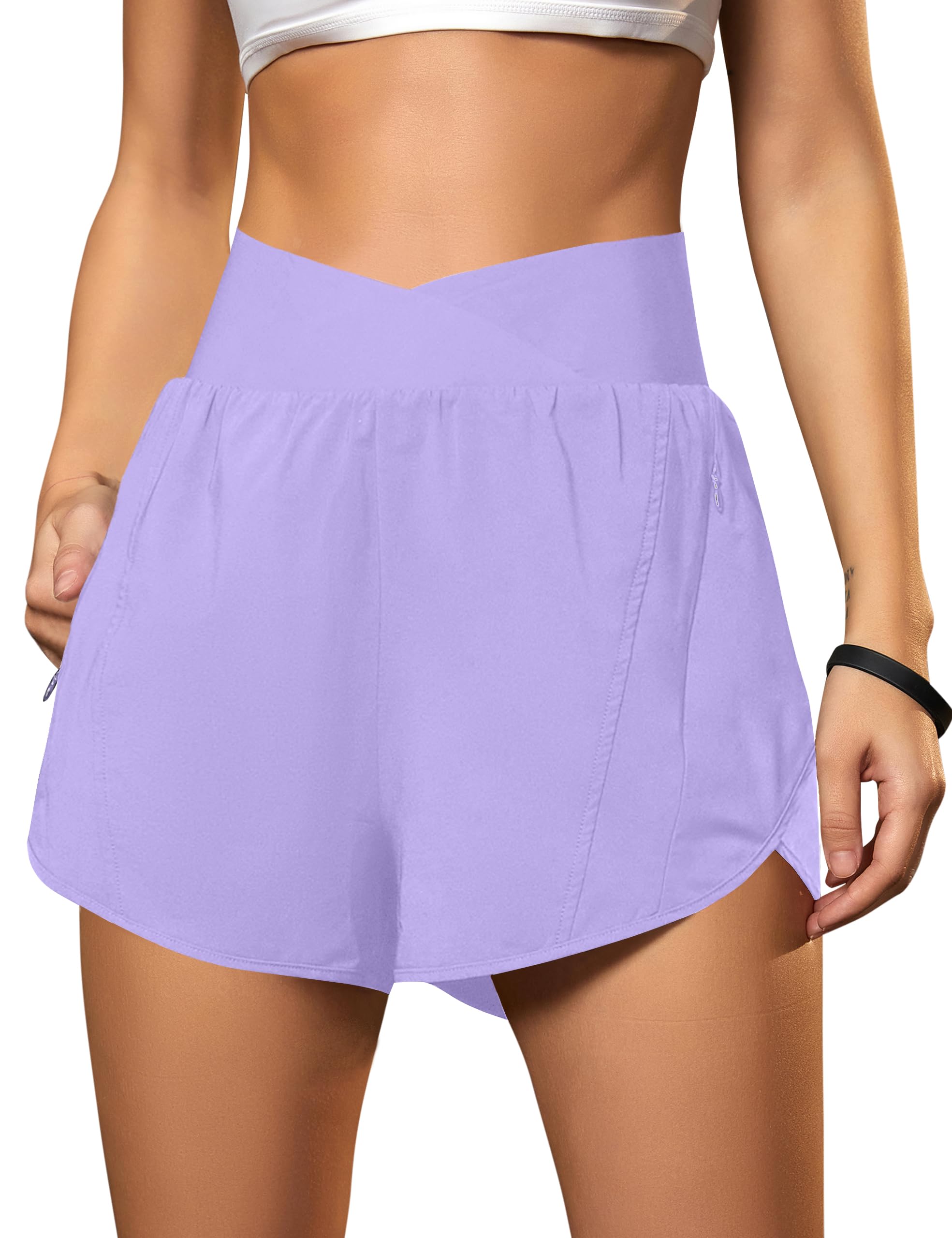 Blooming Jelly Women's Workout Shorts Athletic Running Shorts Crossover High Waisted Gym Shorts with Zipper Pockets