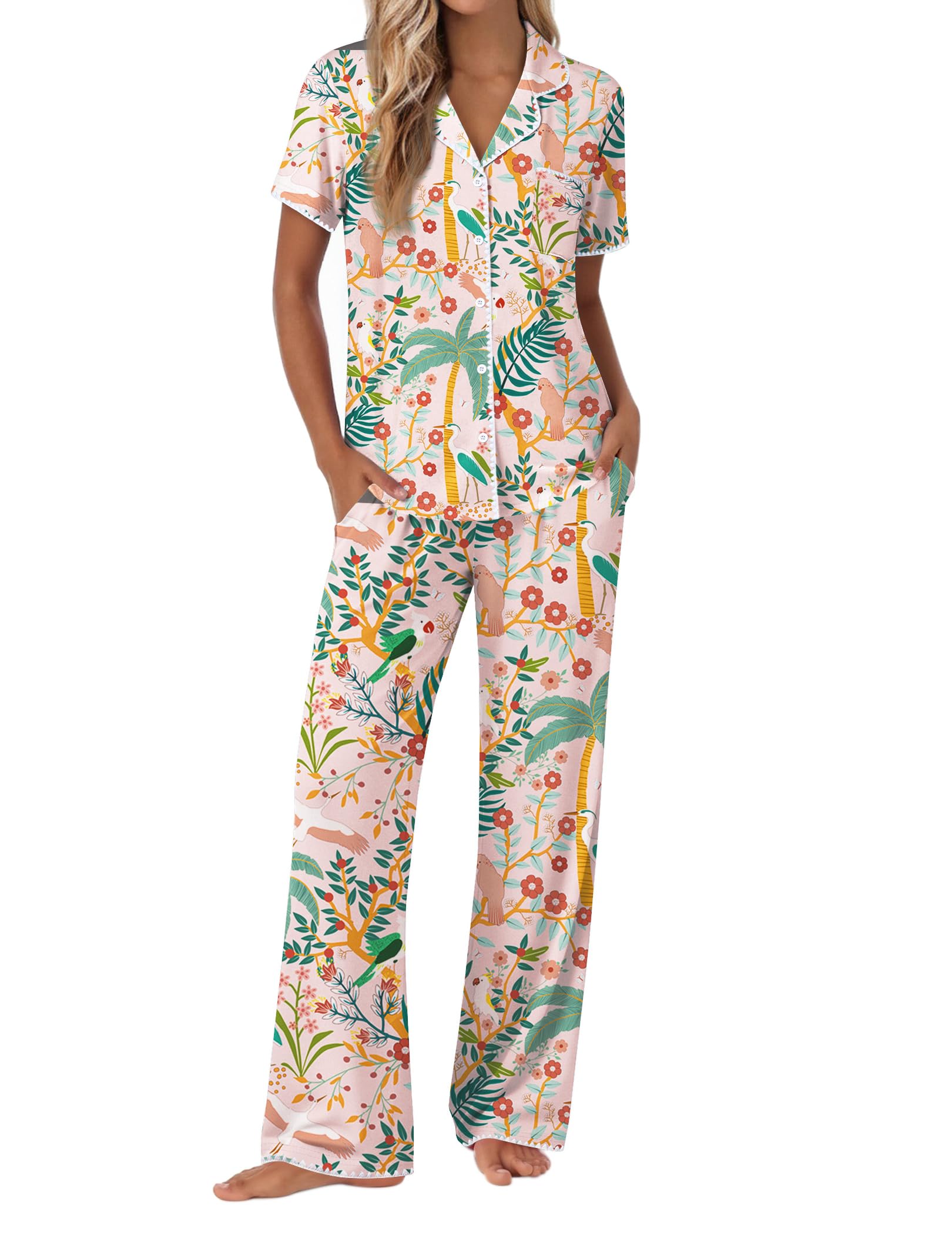 Ekouaer Pajamas for Women Set Button Up Soft Pjs Short Sleeve Lounge Sets
