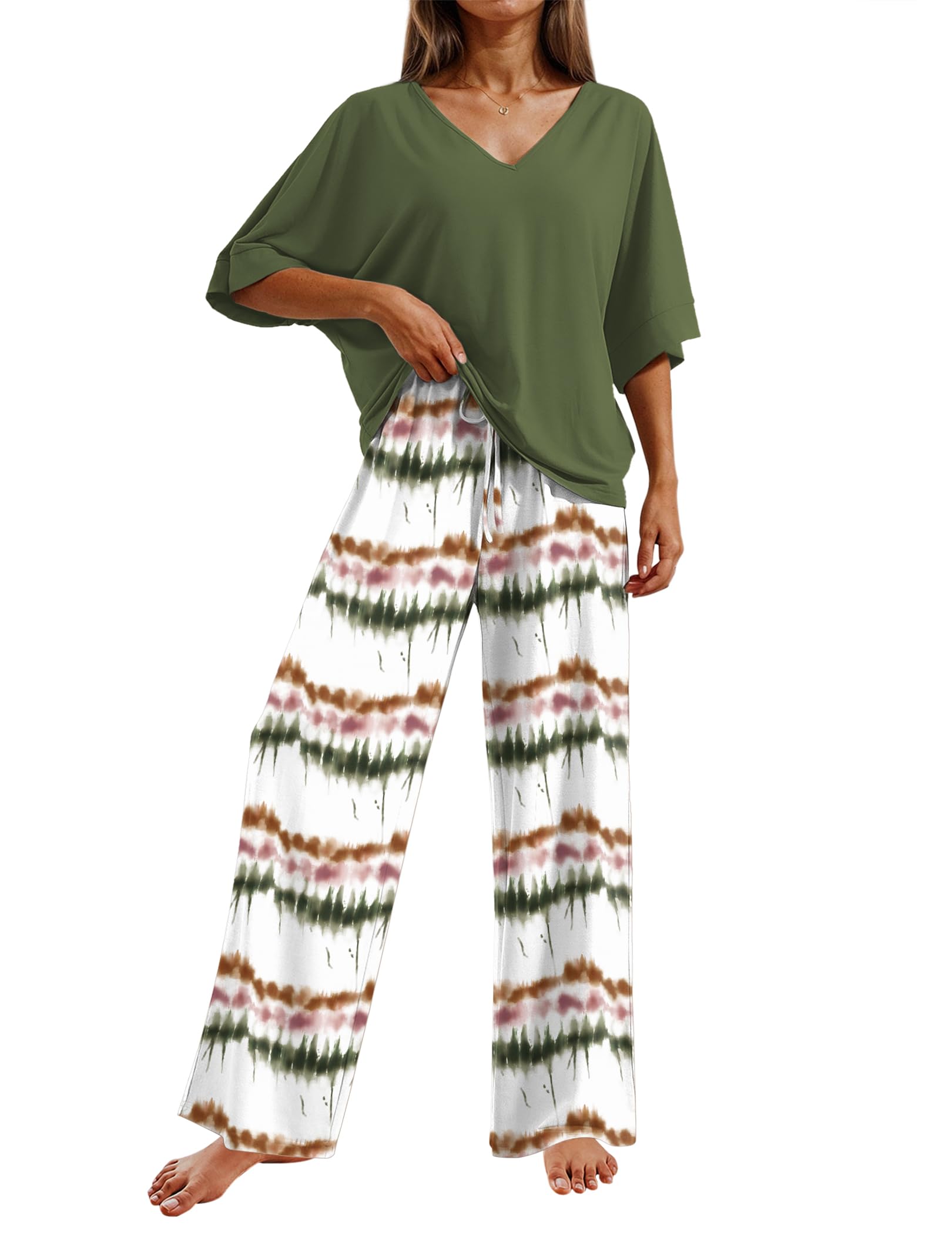 Ekouaer Pajama Sets Womens 2 Piece Short Sleeve Long Pants Pjs Lounge Set