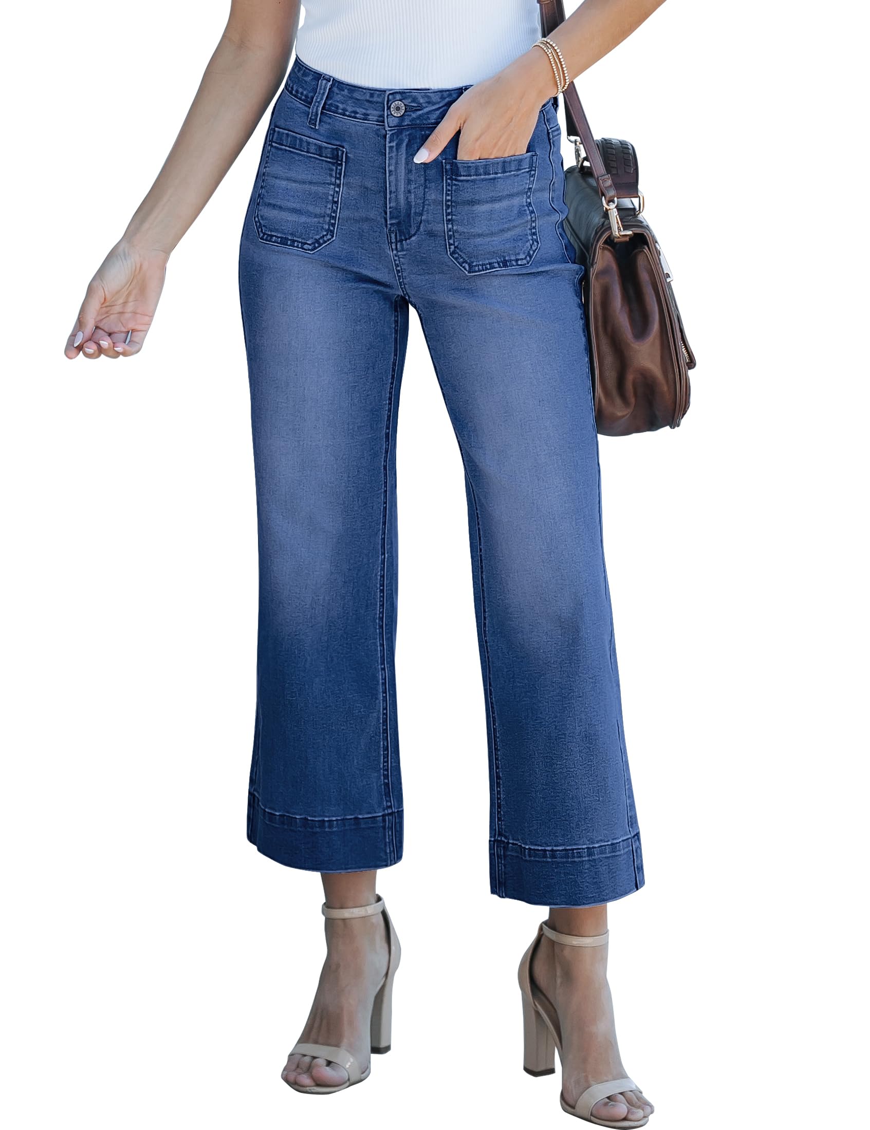 luvamia Wide Leg Jeans for Women Trendy High Waisted Flare Jeans Cropped Denim Pants Stretchy Baggy with Patch Pockets
