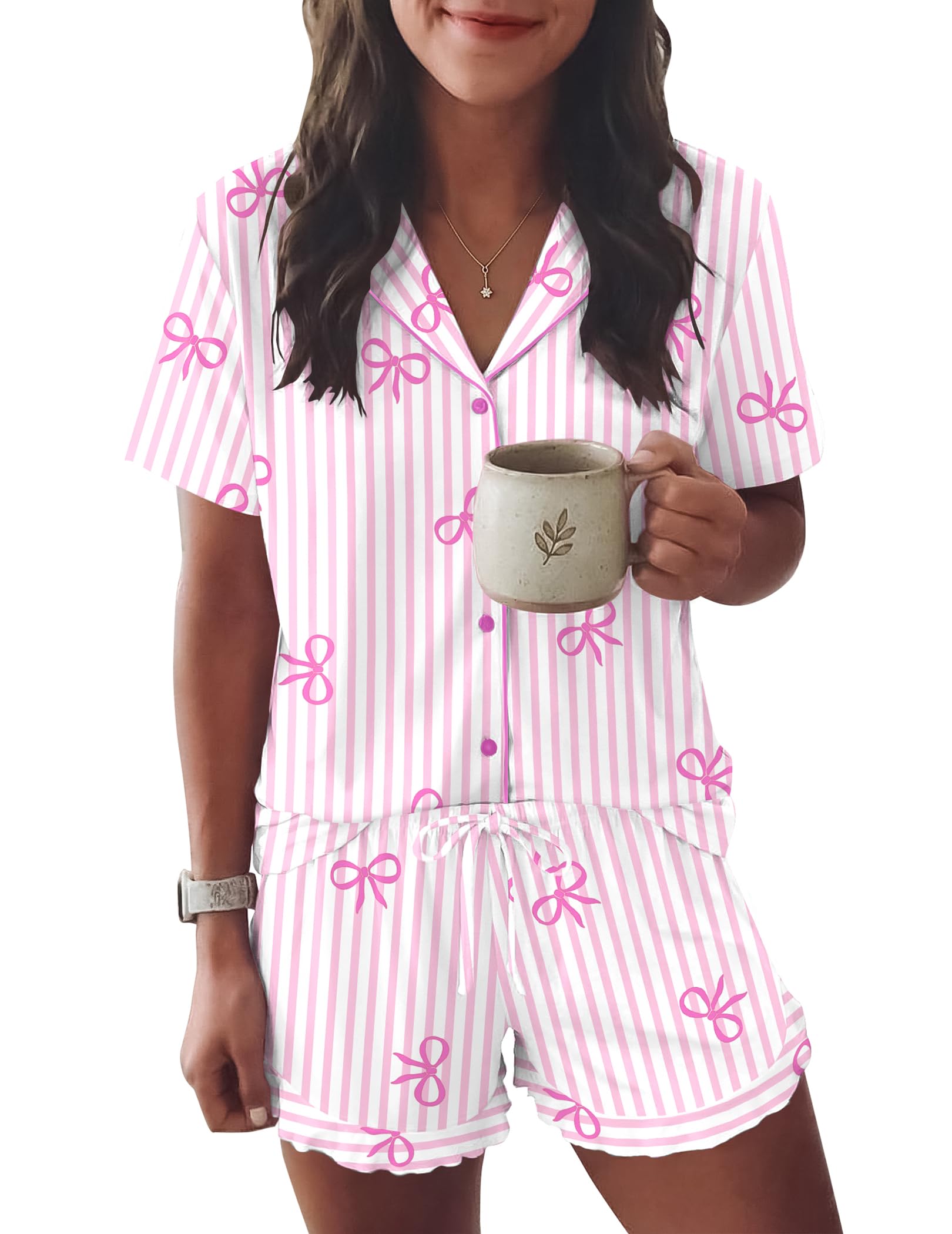 Ekouaer Womens Pajama Sets Button Down Cute Ruffled Pjs Set Sleepwear