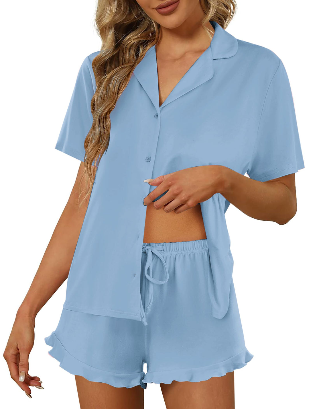 Ekouaer Pajamas Set for Women Short Sleeve Sleepwear Button Down Ruffle Pjs