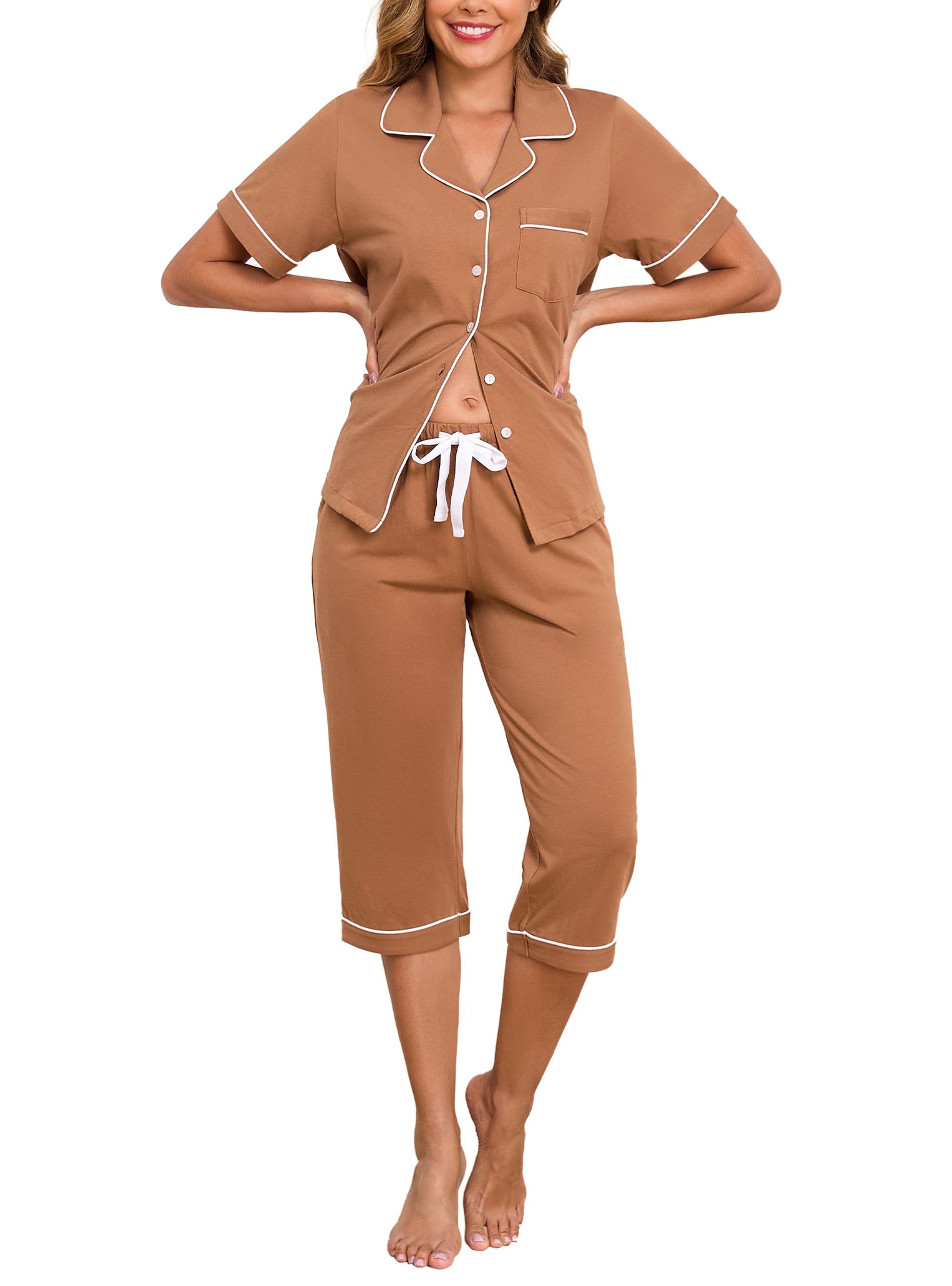 COLORFULLEAF 100% Cotton Women's Pajama Sets Short Sleeve Capri Pajamas for Women Set Button Down Pjs Soft Sleepwear Summer