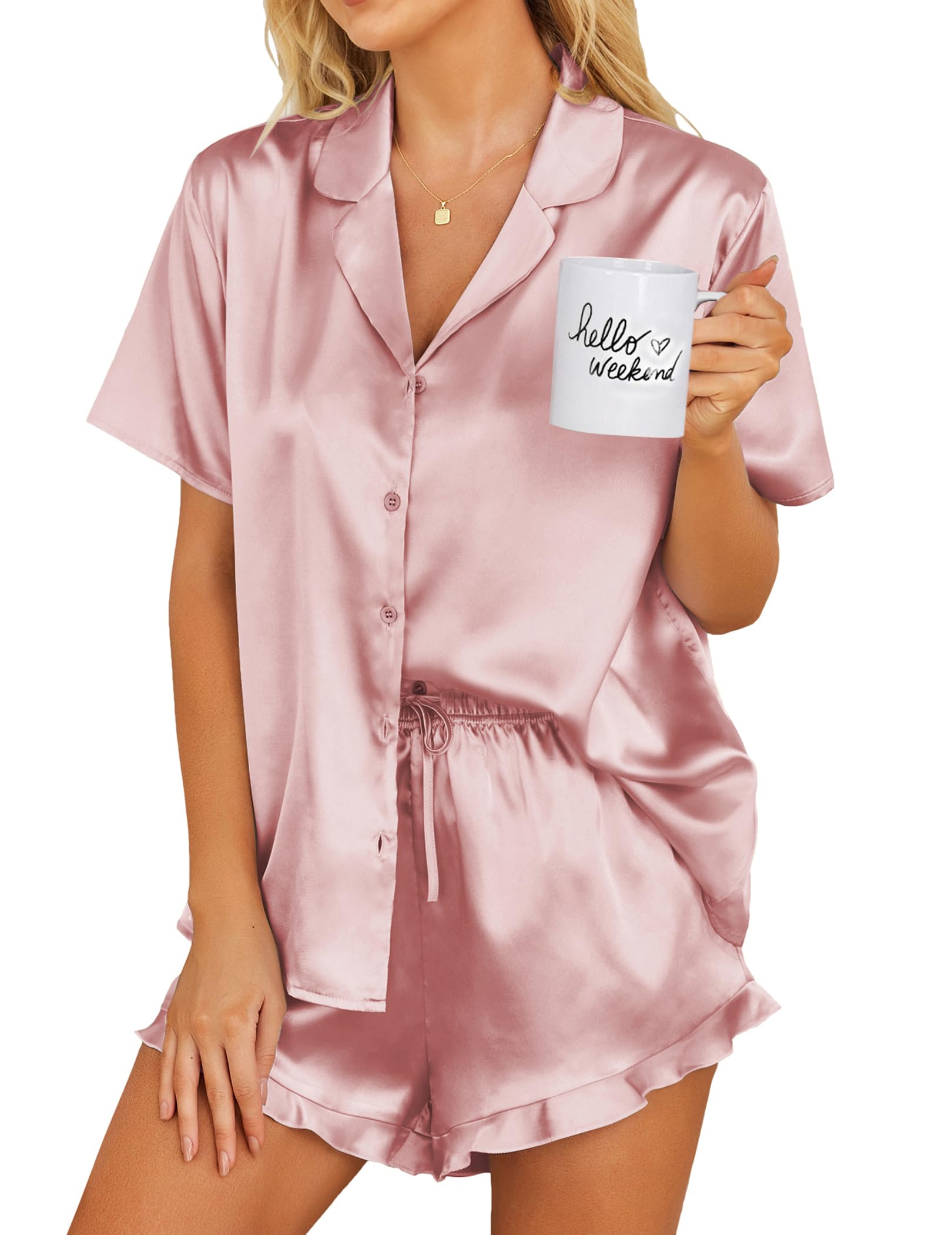 Ekouaer Womens Satin Pajamas Set Button Down Silk Pj Shorts Set with Ruffle