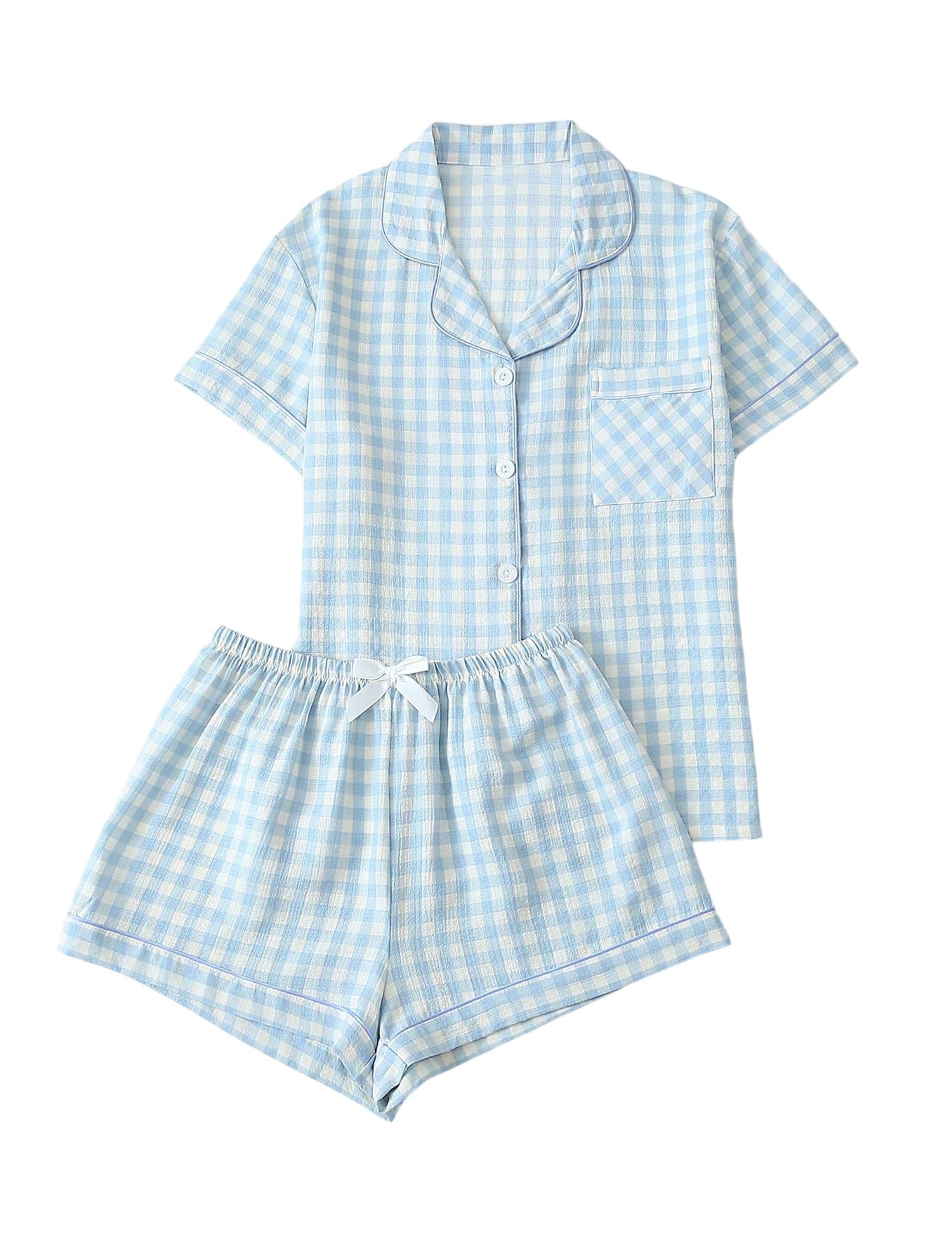 Verdusa Pajamas Sets 2 Piece Gingham Cute Button Down Shirts with Shorts