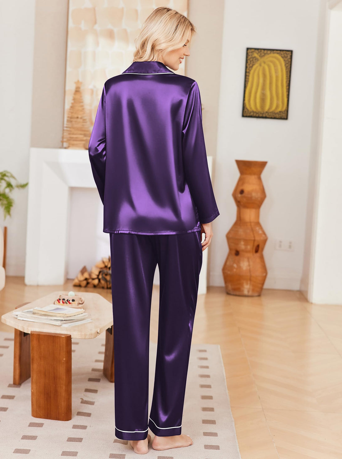 Ekouaer Womens Pajamas Silk Satin Long Sleeve Button Down Pjs Lounge Set