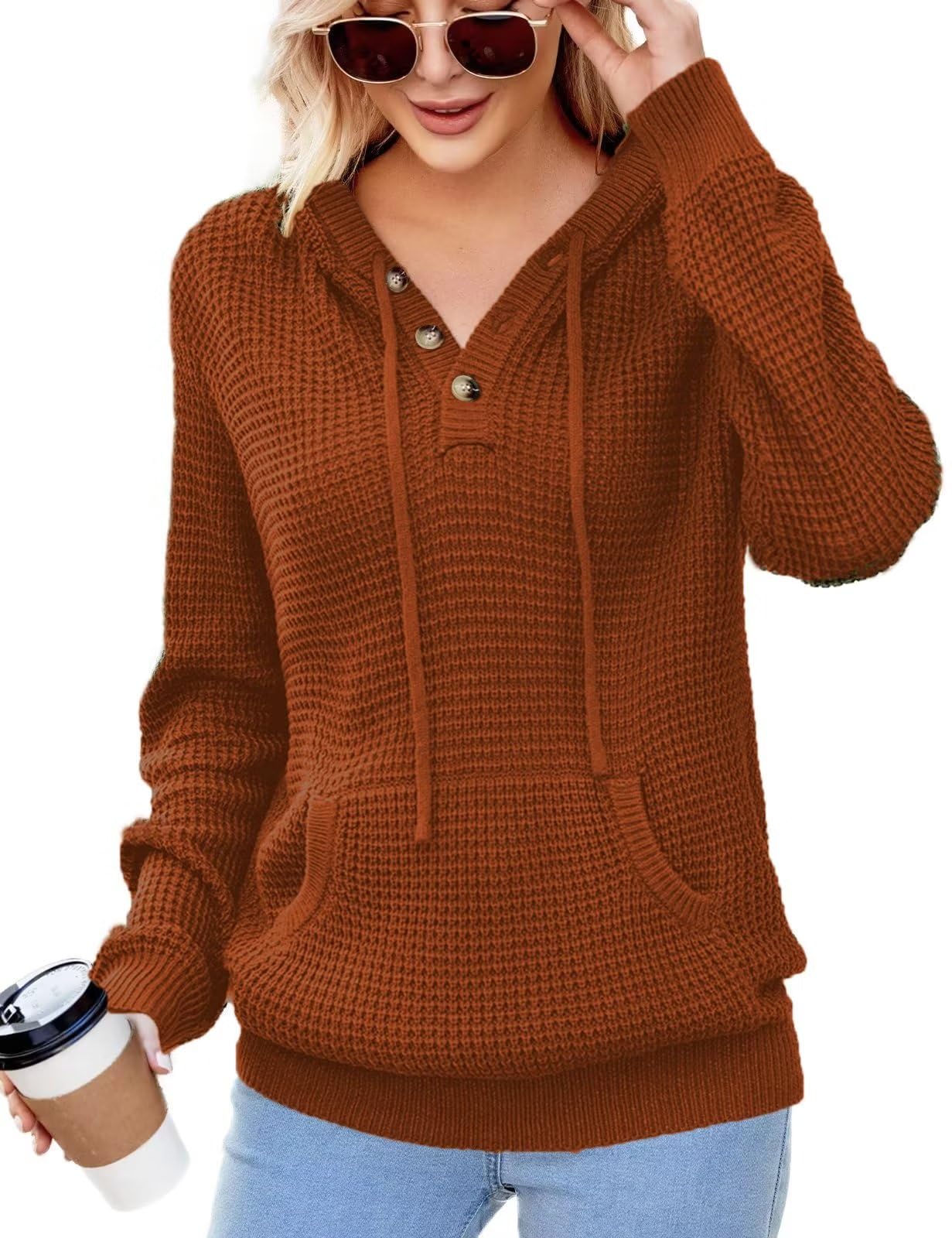 CiCiBird Women's Fall Hoodies Sweater V Neck Waffle Knit Top with Pocket | Loose Fit, V Neck Button, Adjustable Drawstring, Long Sleeve, Kangaroo Pocket, Weekend Errands, Daily Wear, Work Casual