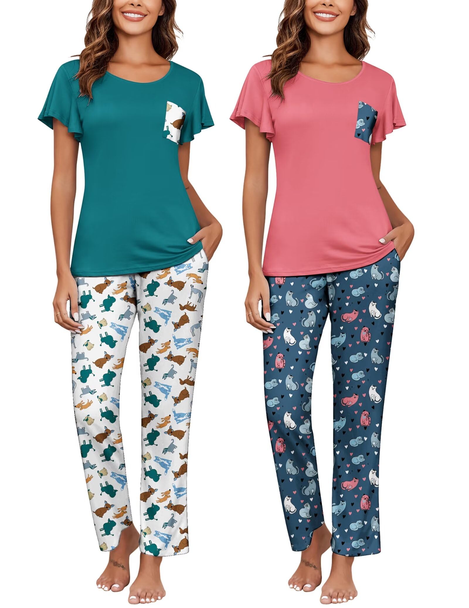 Ekouaer Pajamas for Women Set 2 Piece Comfy Loungewear, Lightweight Pjs Sleepwear, Short Sleeve Top & Long Pants with Pockets