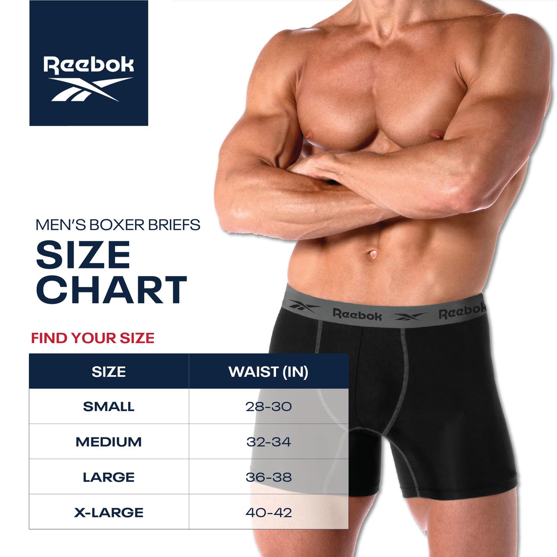 Reebok Mens Boxer Briefs - 4 Pack Underwear with Contour Pouch, 6'' Inseam | Athletic Stretch Performance Moisture-Wicking Fabric, No Fly Pouch, Tag-Free Waistband