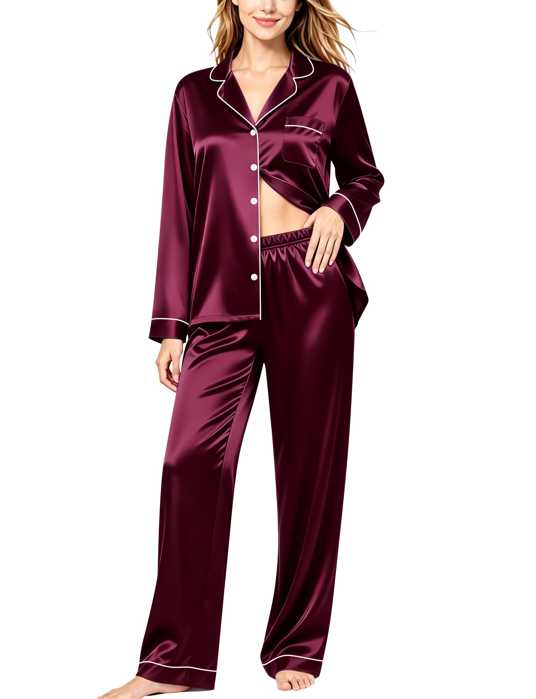 SWOMOG Womens Silk Satin Pajamas Set Long Sleeve Button Down Sleepwear 2 Piece Lounge Set Pj Set XS-3XL