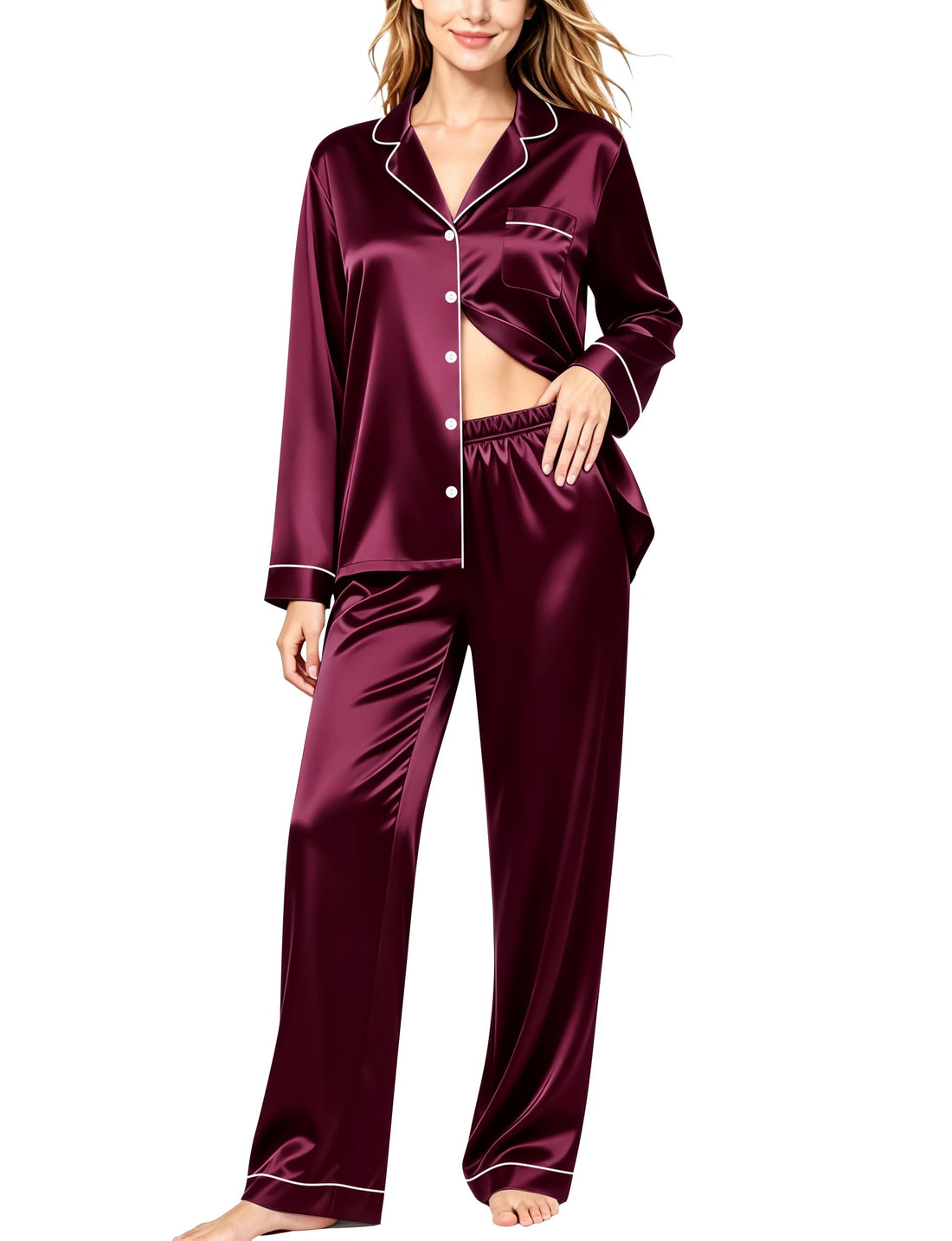 SWOMOG Womens Silk Satin Pajamas Set Long Sleeve Button Down Sleepwear 2 Piece Lounge Set Pj Set XS-3XL
