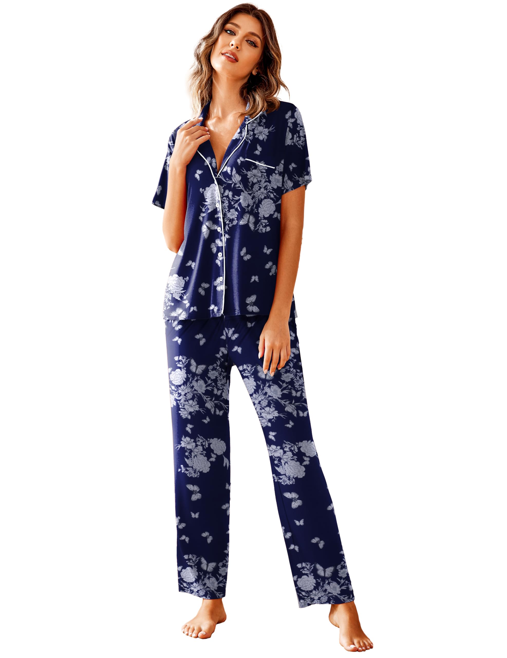 Avidlove Women Pajamas Set Notch Collar Soft Sleepwear Pjs Short Sleeve Button Down Nightwear with Long Pants