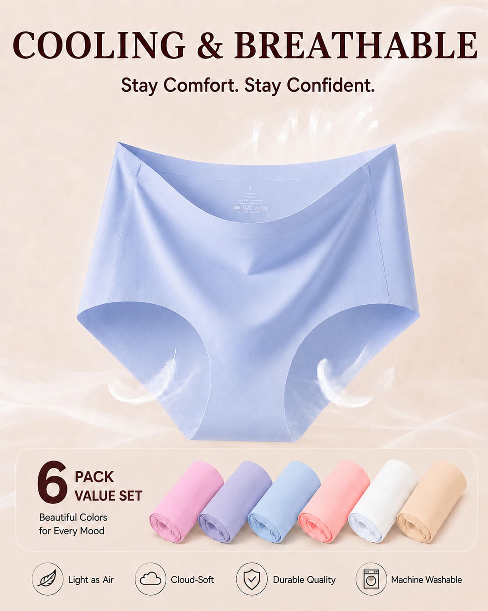 FINETOO 6 Pack Womens Seamless Underwear Full Coverage No Show Hipster Panties Sexy Stretchy Invisible Briefs Bikini Lingerie