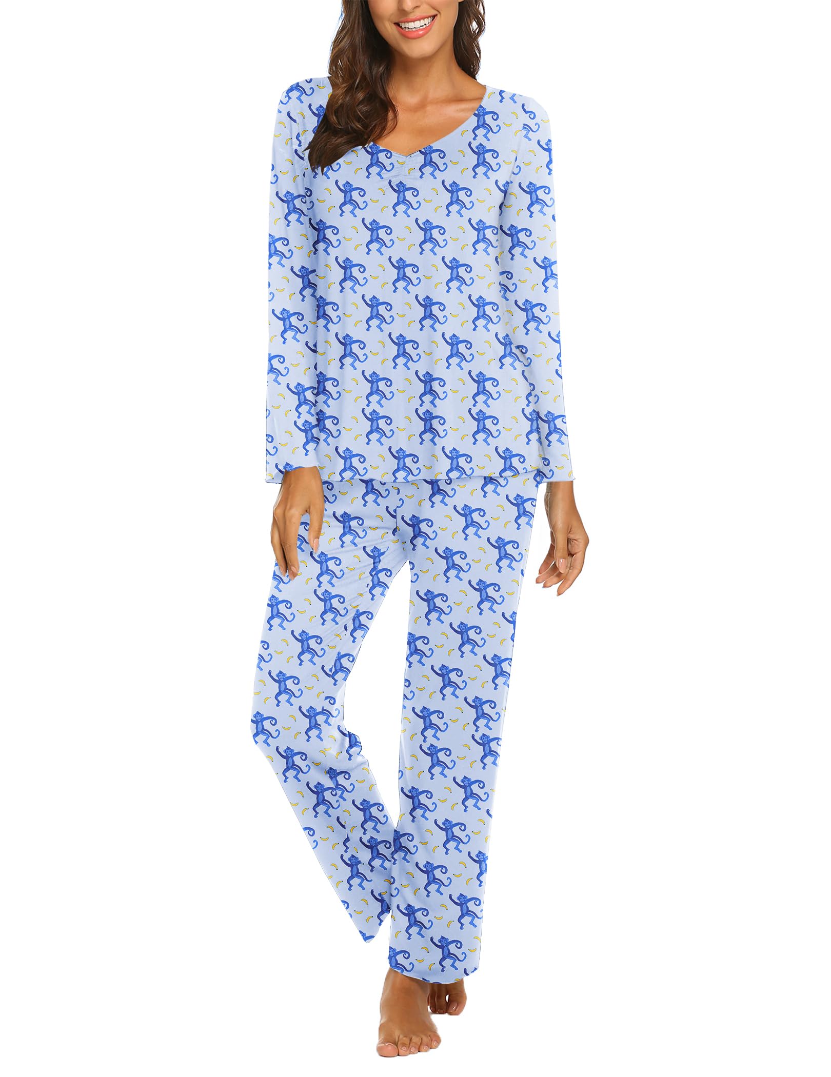 Ekouaer Pajamas for Women Set Long Sleeve Pleated Top and Pants Loungewear