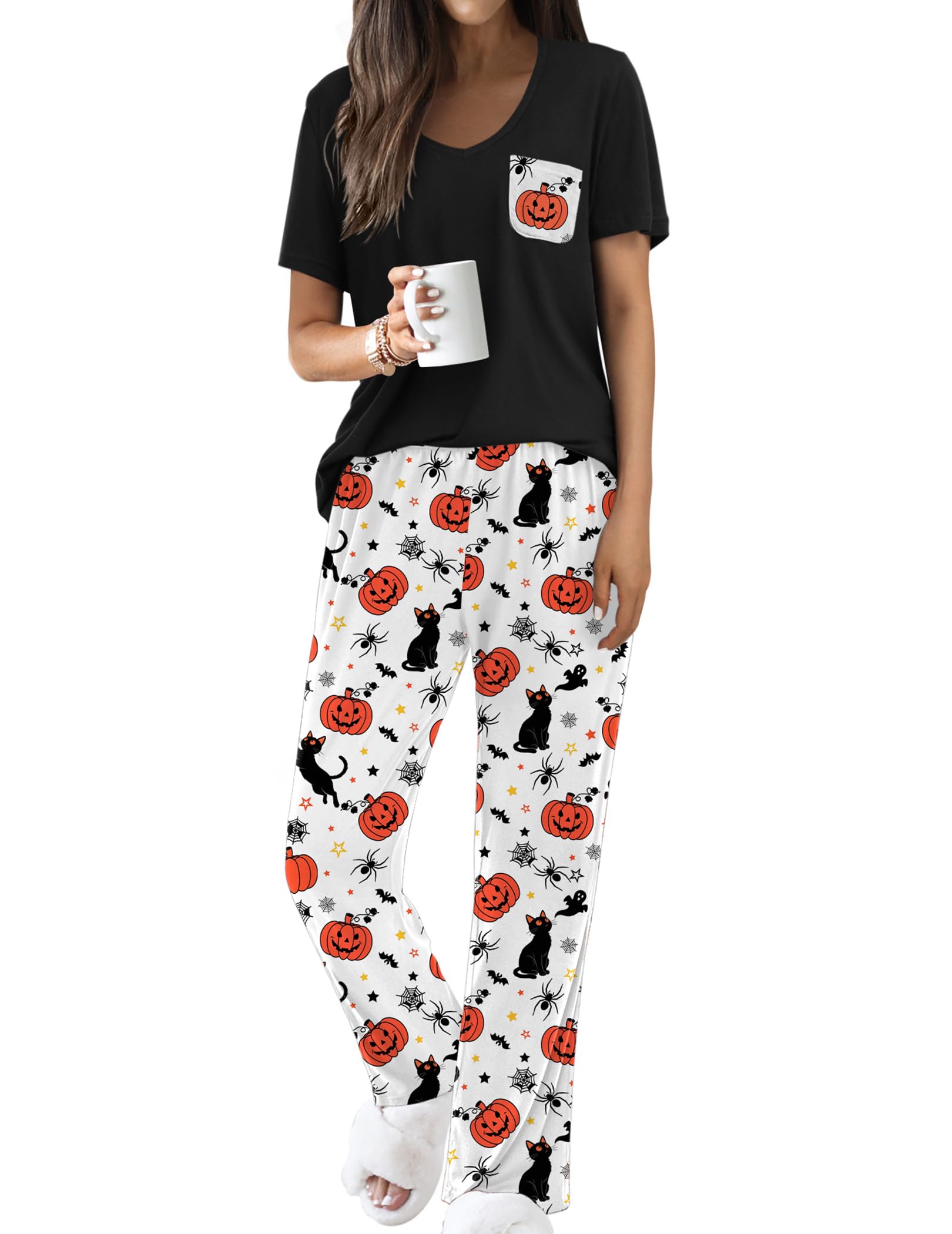 Ekouaer Pajama Sets for Women 2 Piece Short Sleeve Pj V Neck Chest Pocket
