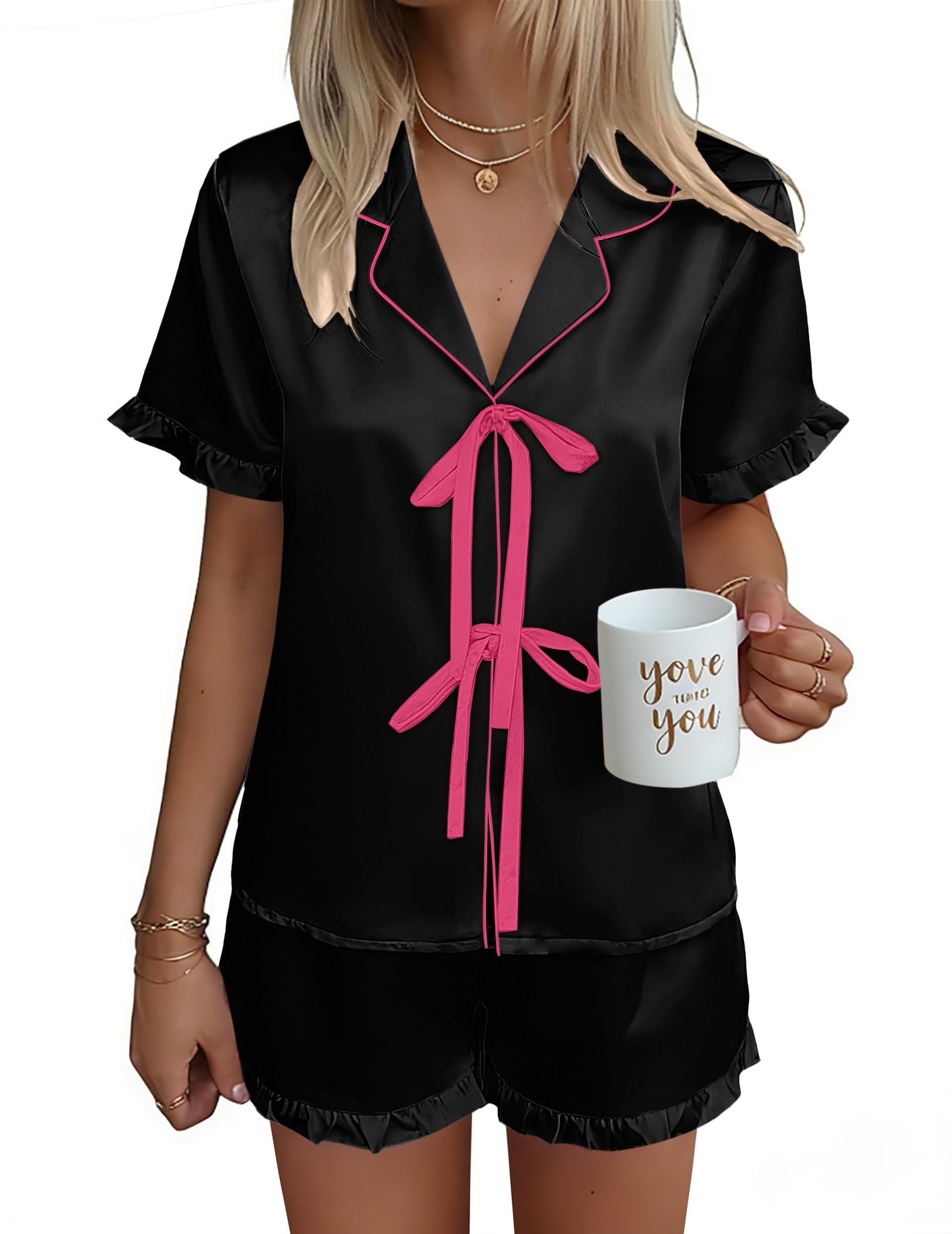 Ekouaer Satin Pajama for Women Short Sleeve Silky Pj Short Sets Lounge Set