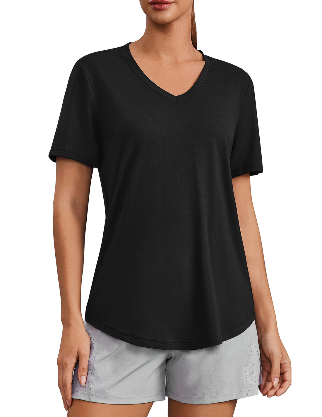PINSPARK Soft Workout Tops for Women Short Sleeve V Neck Moisture Wicking UPF 50+ Sun Protection Quick Dry Gym Shirts