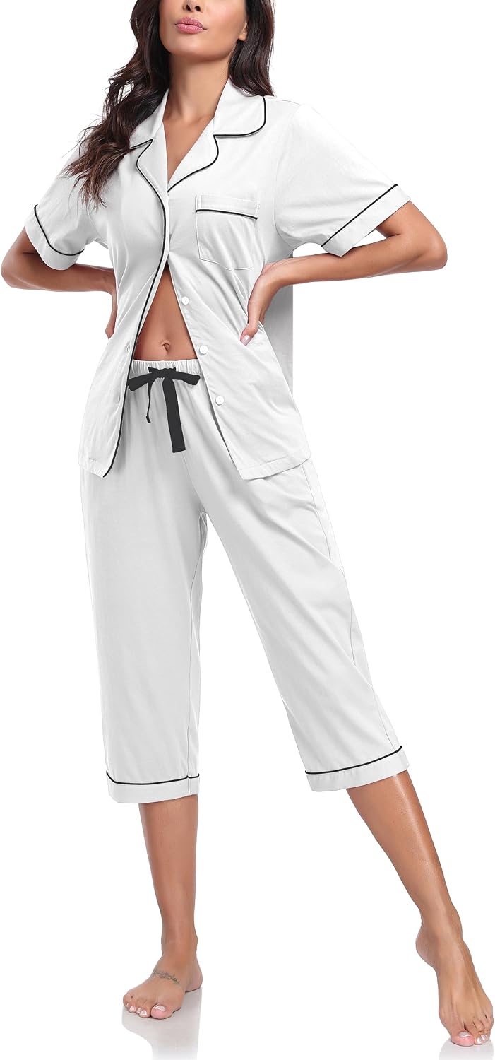 COLORFULLEAF 100% Cotton Women's Pajama Sets Short Sleeve Capri Pajamas for Women Set Button Down Pjs Soft Sleepwear Summer