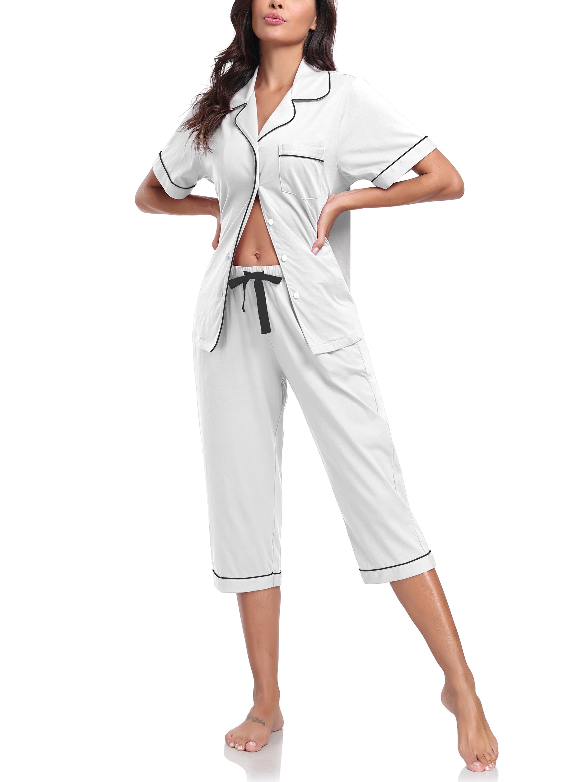 COLORFULLEAF 100% Cotton Women's Pajama Sets Short Sleeve Capri Pajamas for Women Set Button Down Pjs Soft Sleepwear Summer
