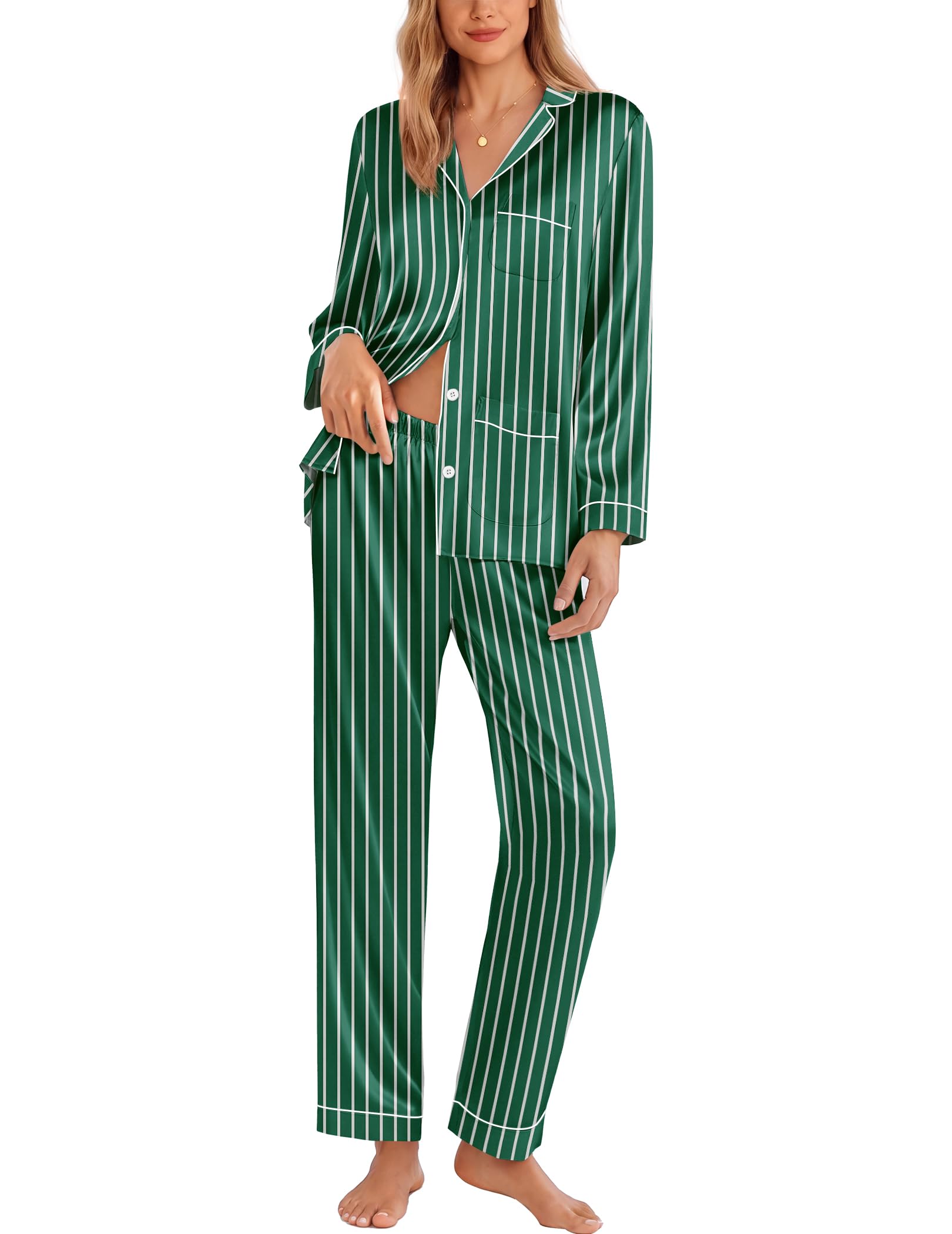 Ekouaer Pajamas for Women Silk Satin Button Down Long Sleeve Pajama Sets
