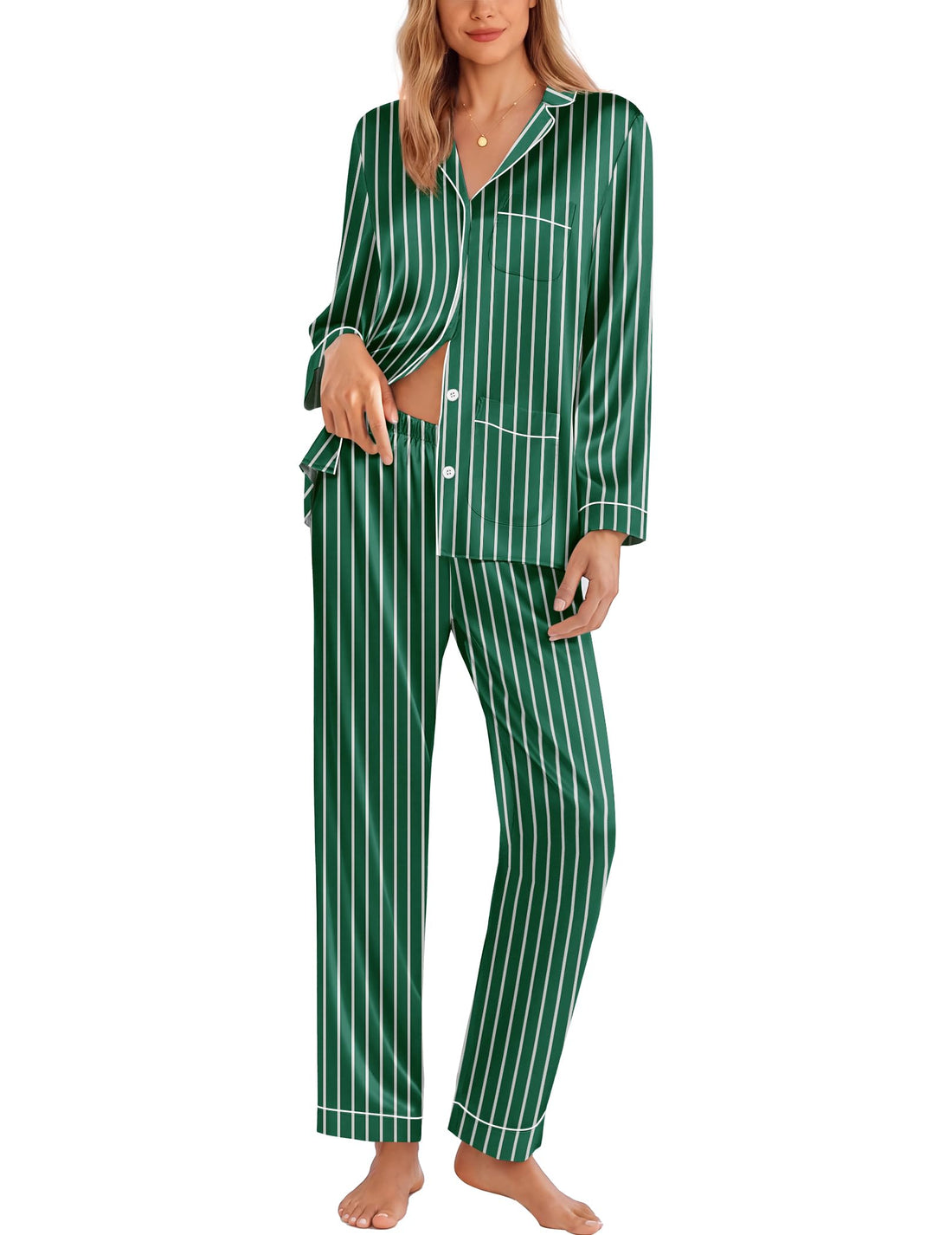Ekouaer Pajamas for Women Silk Satin Button Down Long Sleeve Pajama Sets