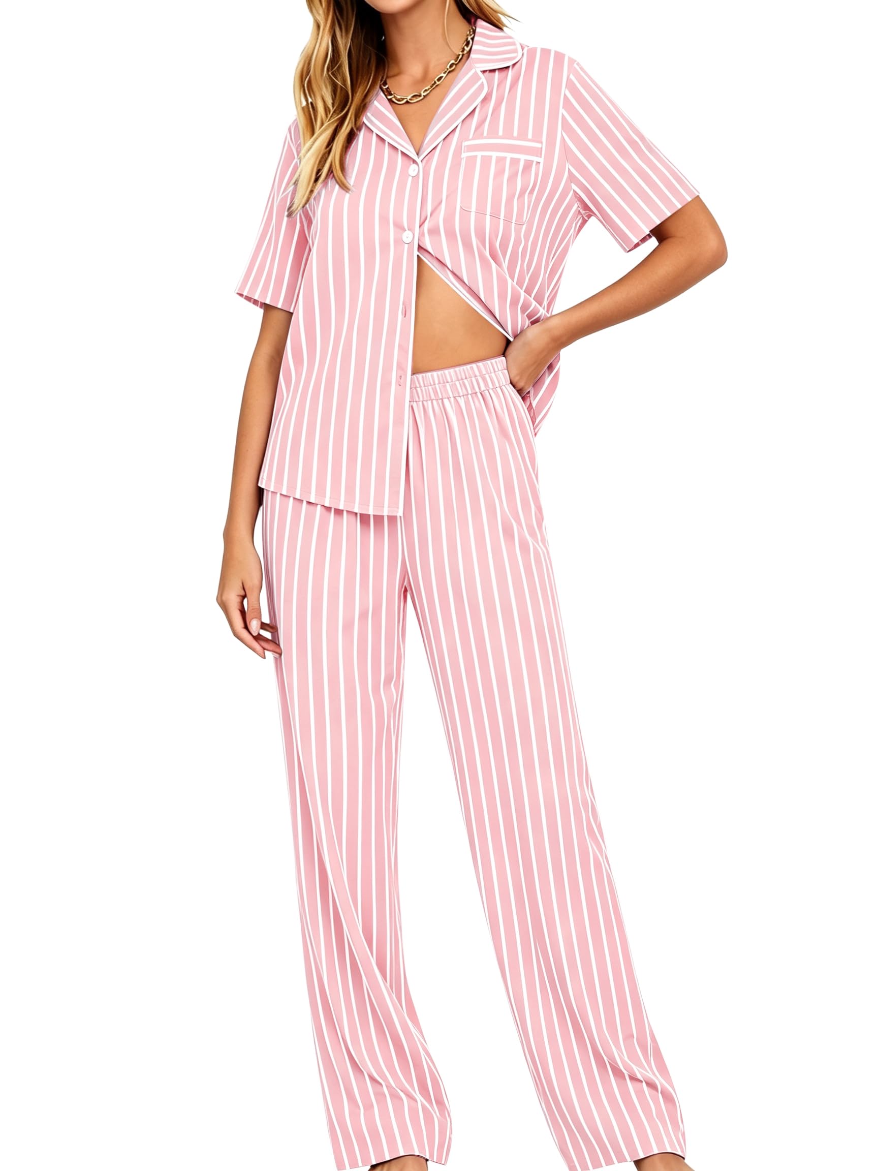 SWOMOG Women Pajama Sets Two-Piece Nightwear Short Sleeve Sleepwear Button Down Pj Lounge Sets with Long Pants