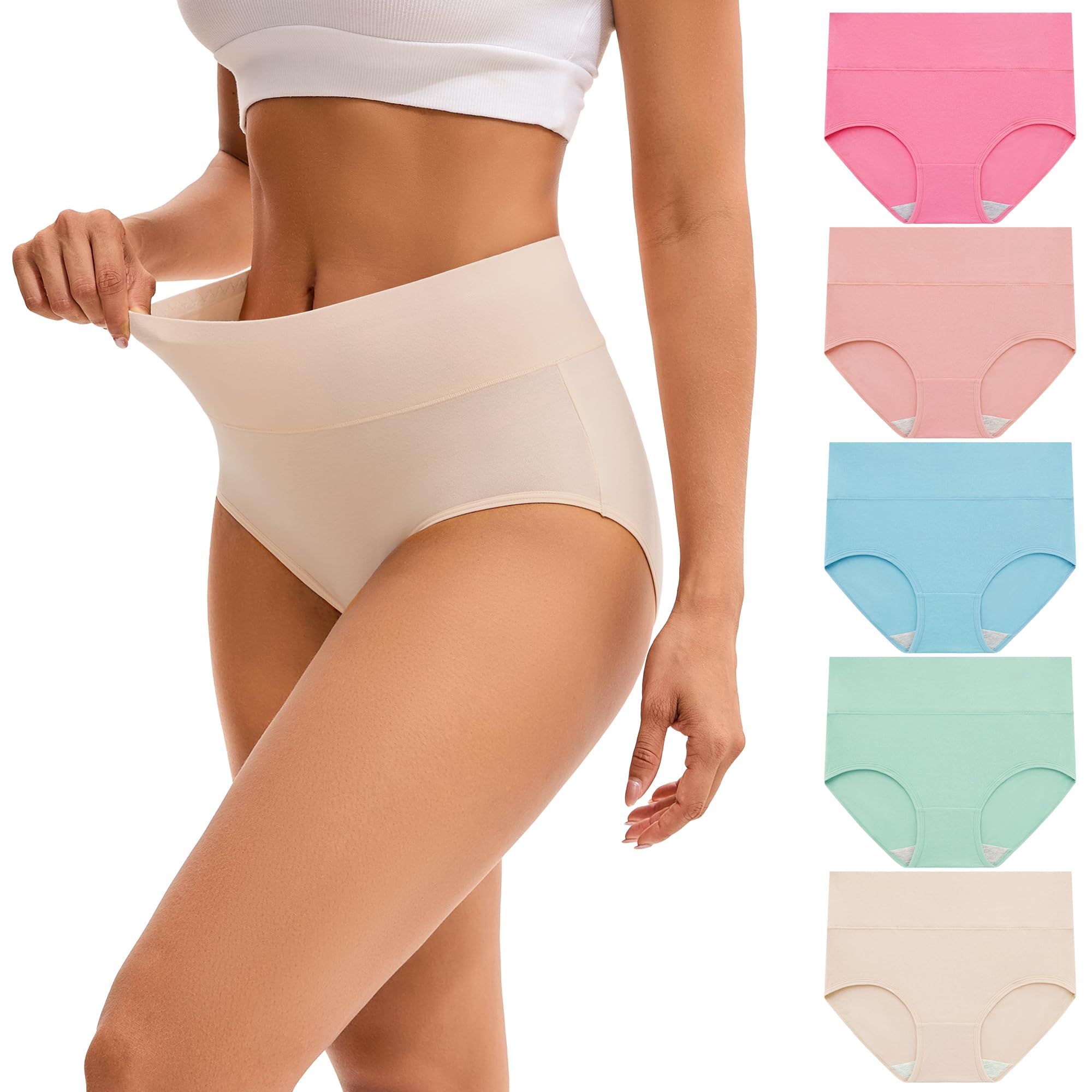 INNERSY Women's High Waisted Underwear Cotton Panties Regular & Plus Size 5-Pack