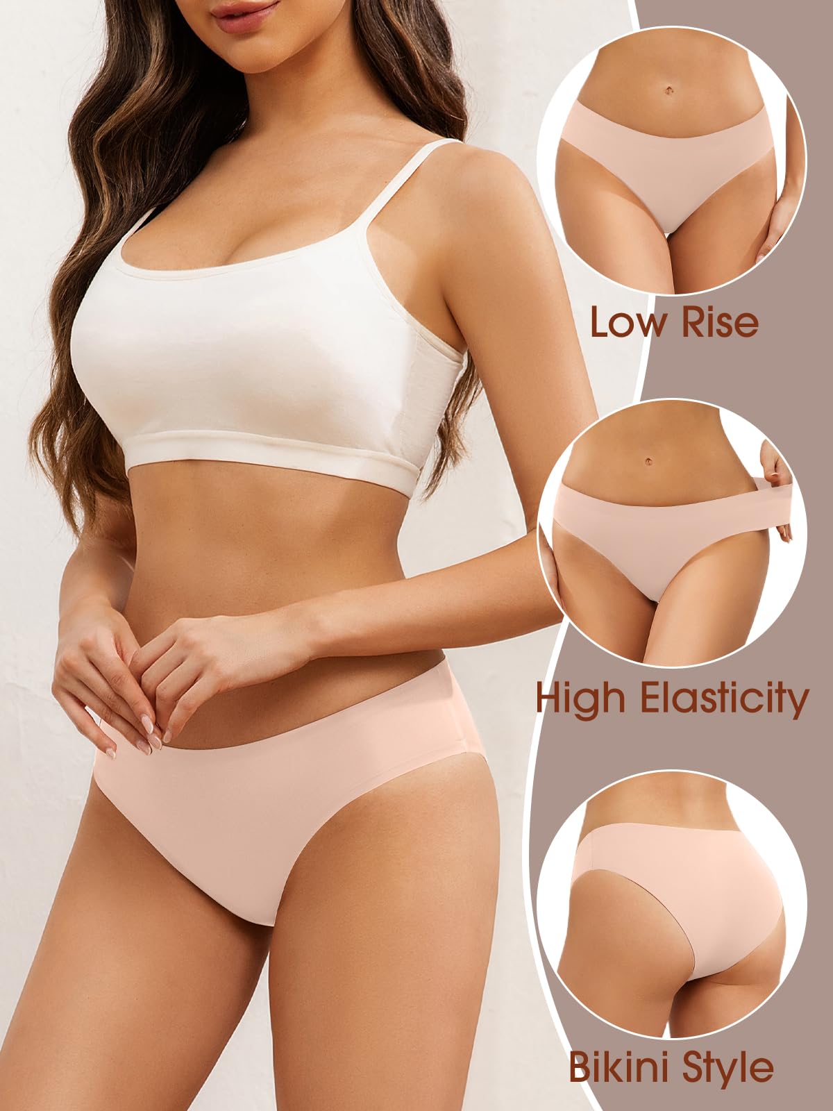 Seamless Underwear for Women No Show Hipster Bikini Panties Low Rise Cheeky Breathable Soft Invisible Briefs 6 Pack