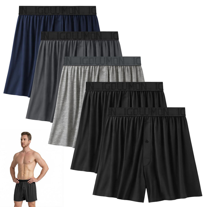 IGOLUMON Mens Boxer Shorts Underwear Soft Breathable Bamboo Rayon Boxers for Men Relaxed Fit Boxers with Button Fly 5 Pack