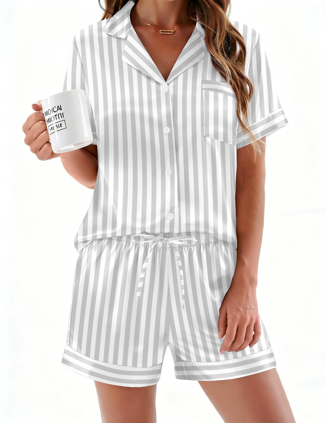 Ekouaer Silk Pajamas for Women Button Up 2 Piece Satin Pjs Shorts Set