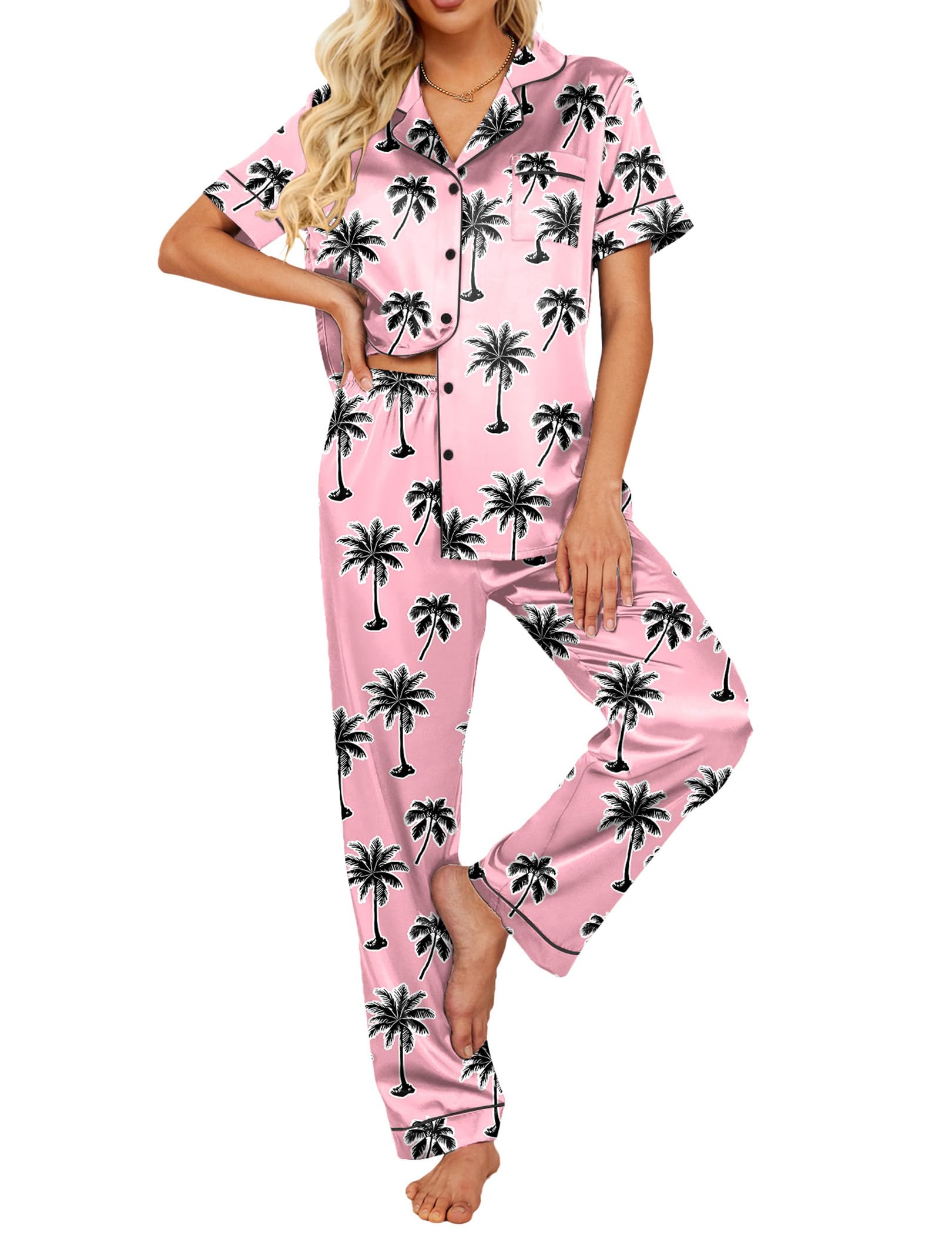 Ekouaer 2 Piece Satin Short Sleeve Pajamas Set Button Down Sleepwear