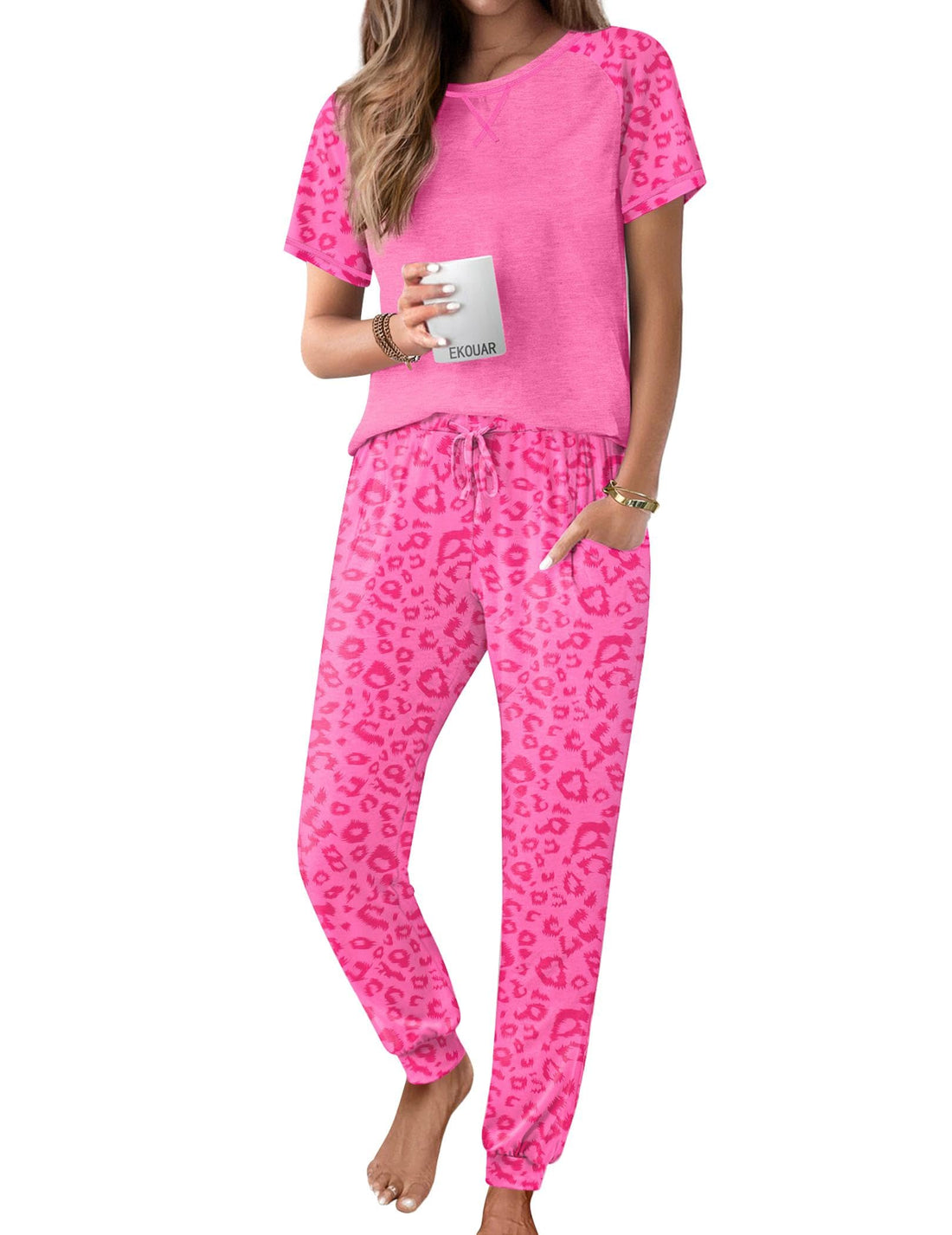 Ekouaer Pajamas for Women Set Short Sleeve PJ Set 2 Piece Jogger Pants
