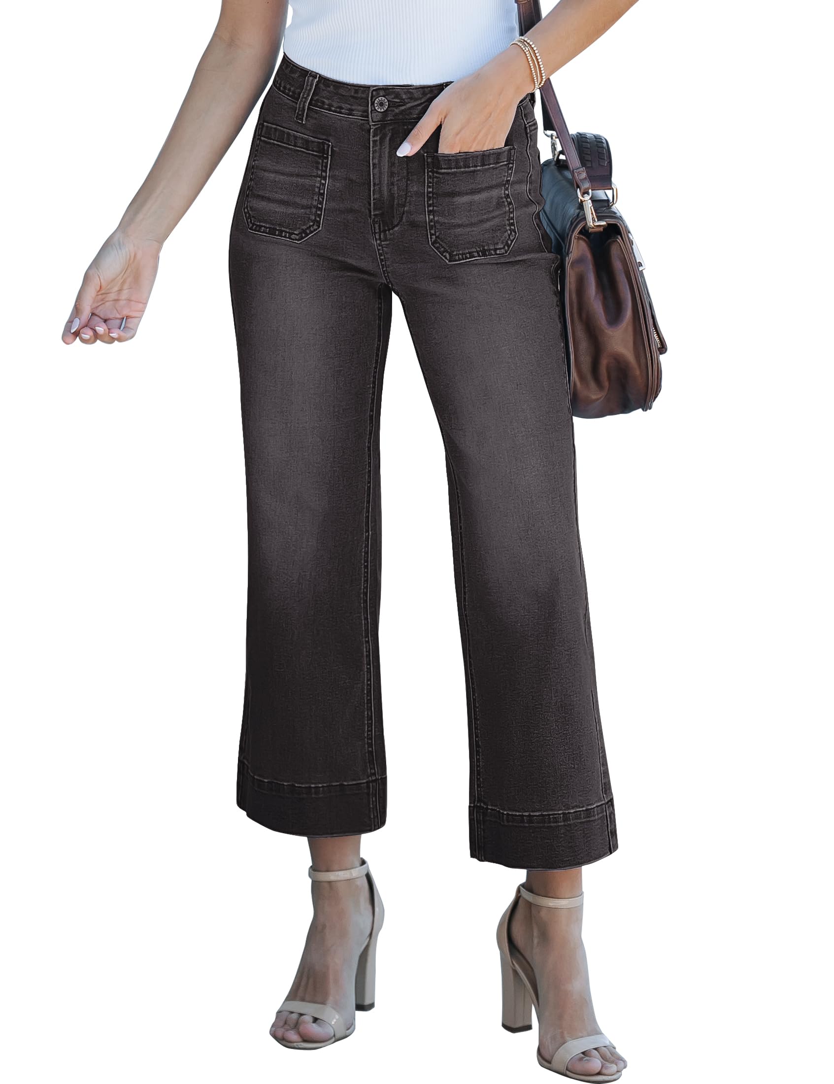 luvamia Wide Leg Jeans for Women Trendy High Waisted Flare Jeans Cropped Denim Pants Stretchy Baggy with Patch Pockets