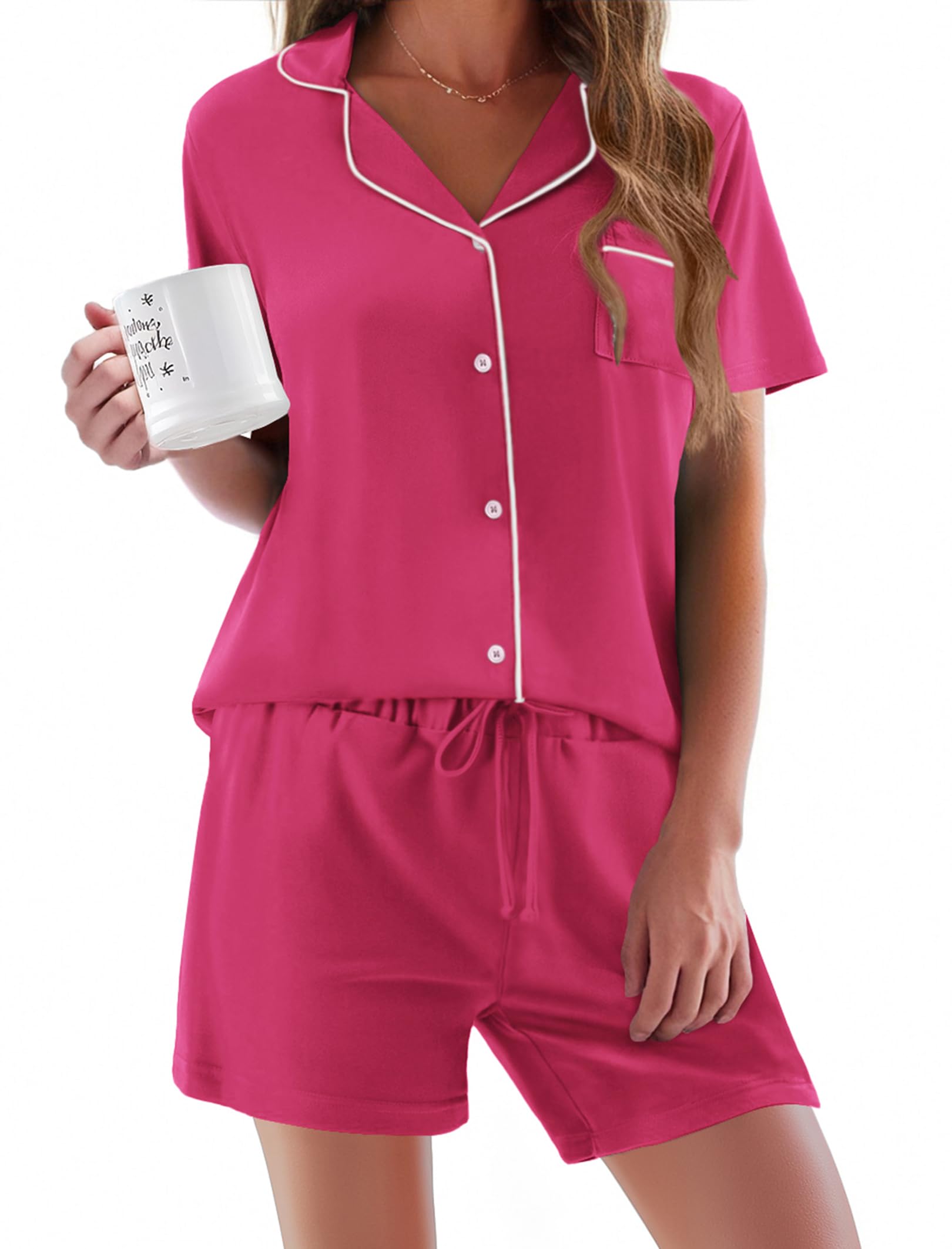 Ekouaer Pajamas Set for Women Short Sleeve Sleepwear Button Down Pj XS-XXXL