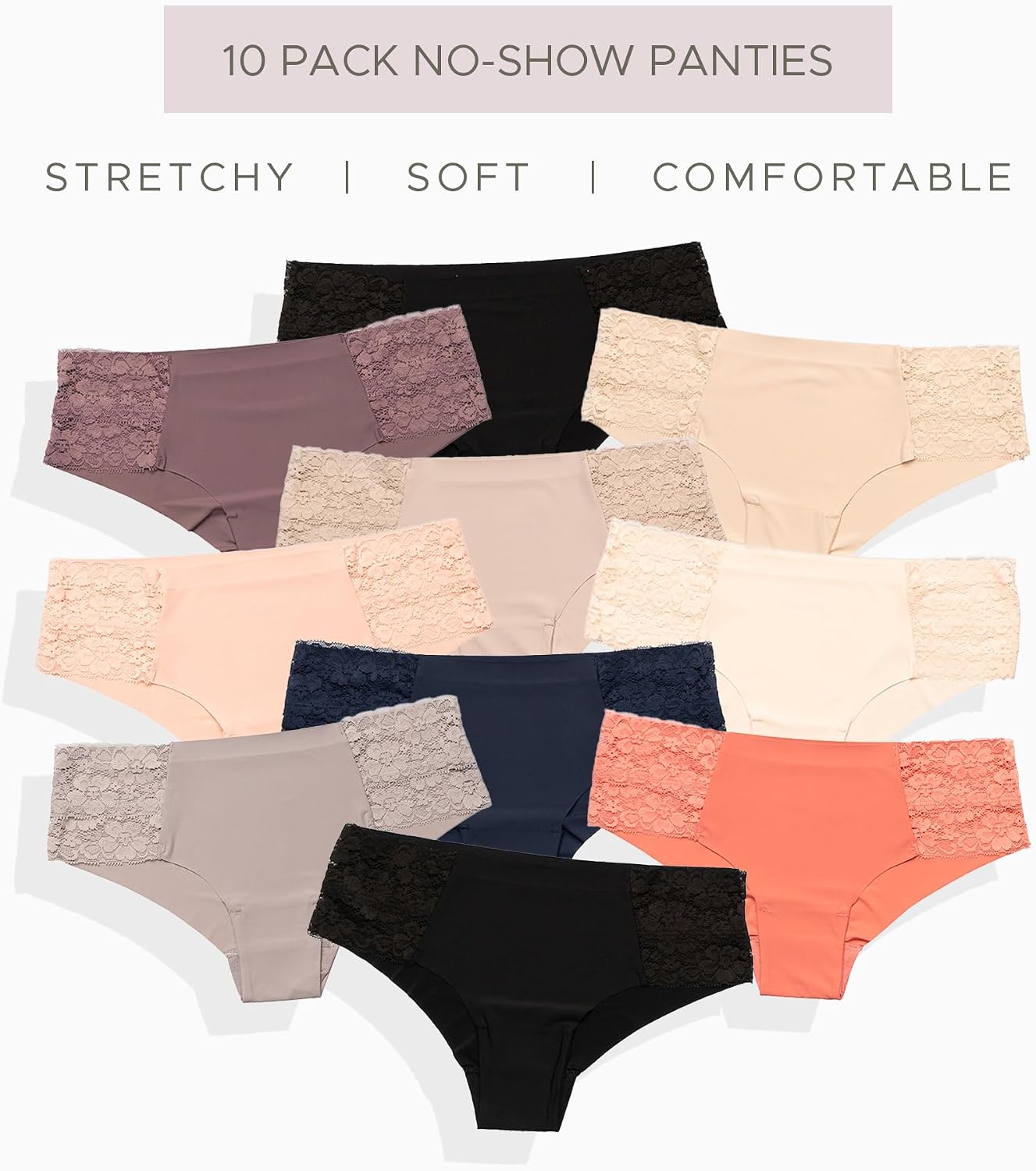 Pretty Sweet Intimates Women’s Seamless Cheeky Bikini Underwear, Pack of 10- Laser Cut, No Show Cheeky Panties with Lace