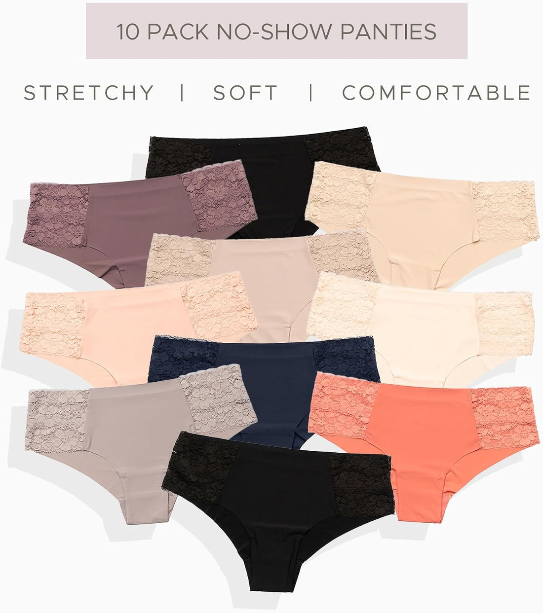Pretty Sweet Intimates Women’s Seamless Cheeky Bikini Underwear, Pack of 10- Laser Cut, No Show Cheeky Panties with Lace