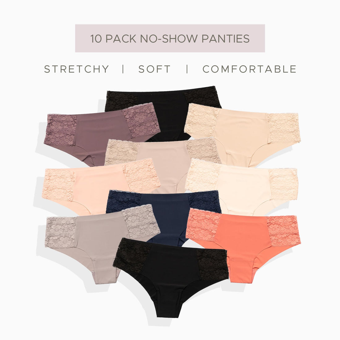Pretty Sweet Intimates Women’s Seamless Cheeky Bikini Underwear, Pack of 10- Laser Cut, No Show Cheeky Panties with Lace