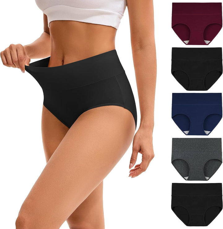 INNERSY Women's High Waisted Underwear Cotton Panties Regular & Plus Size 5-Pack