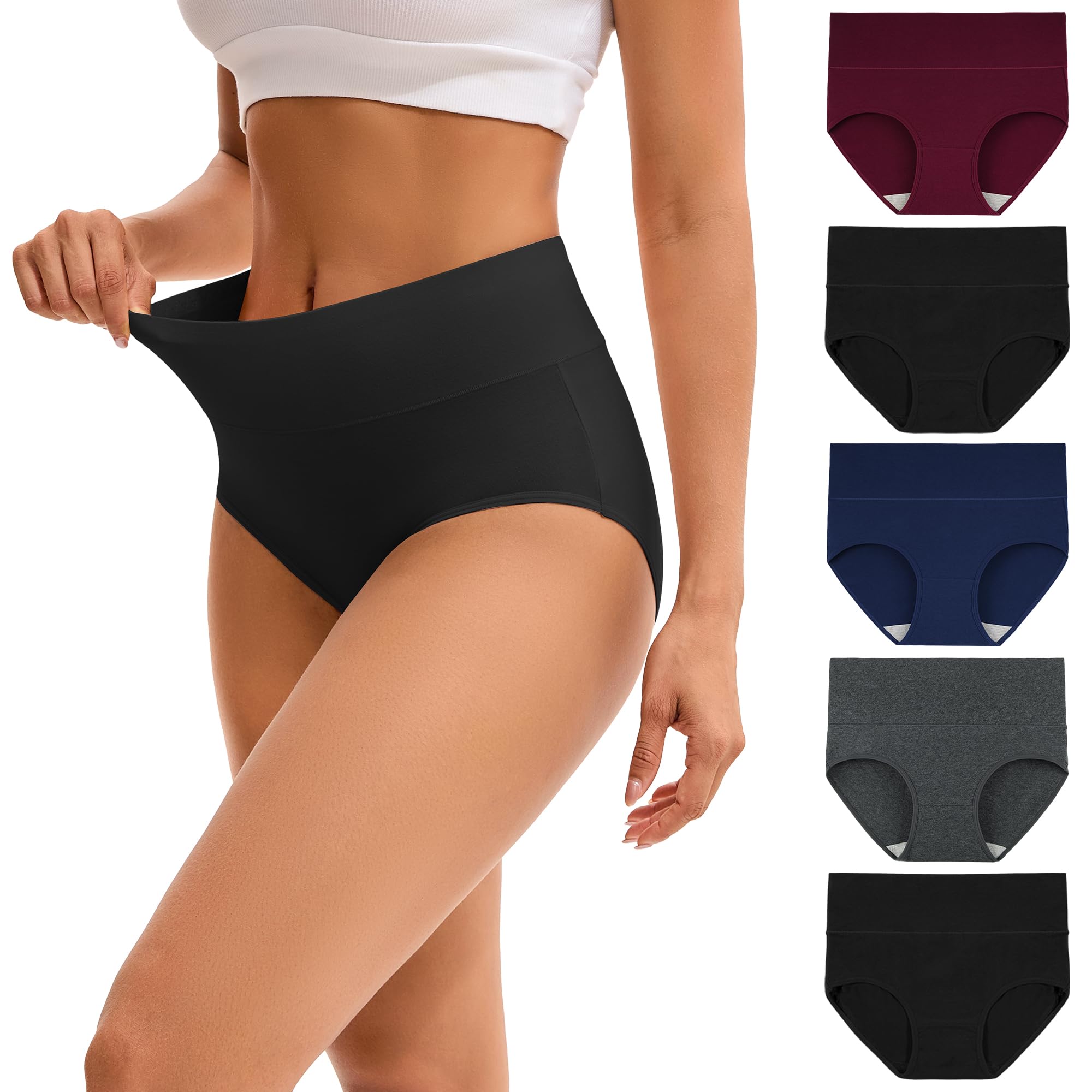 INNERSY Women's High Waisted Underwear Cotton Panties Regular & Plus Size 5-Pack
