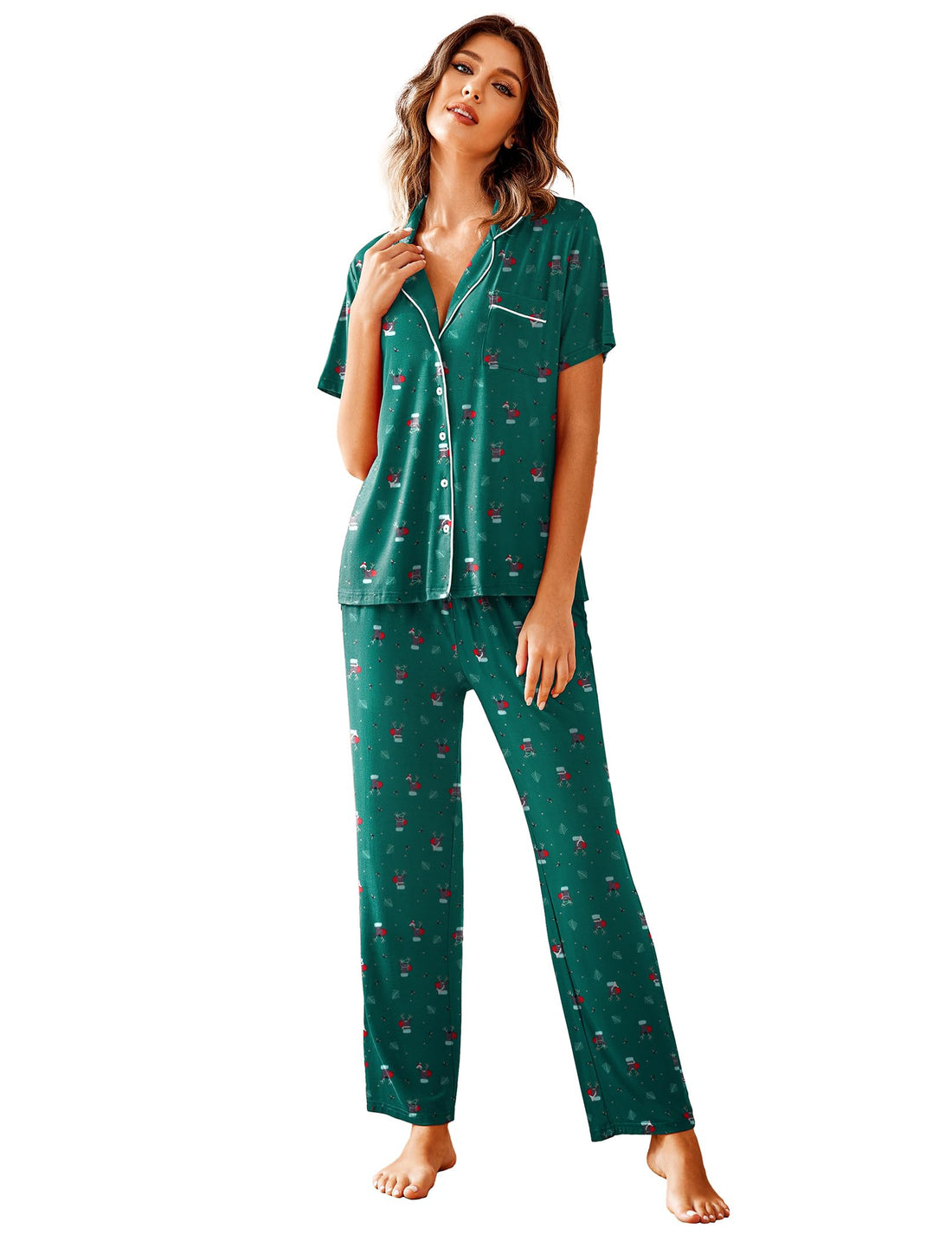 Avidlove Women Pajamas Set Notch Collar Soft Sleepwear Pjs Short Sleeve Button Down Nightwear with Long Pants