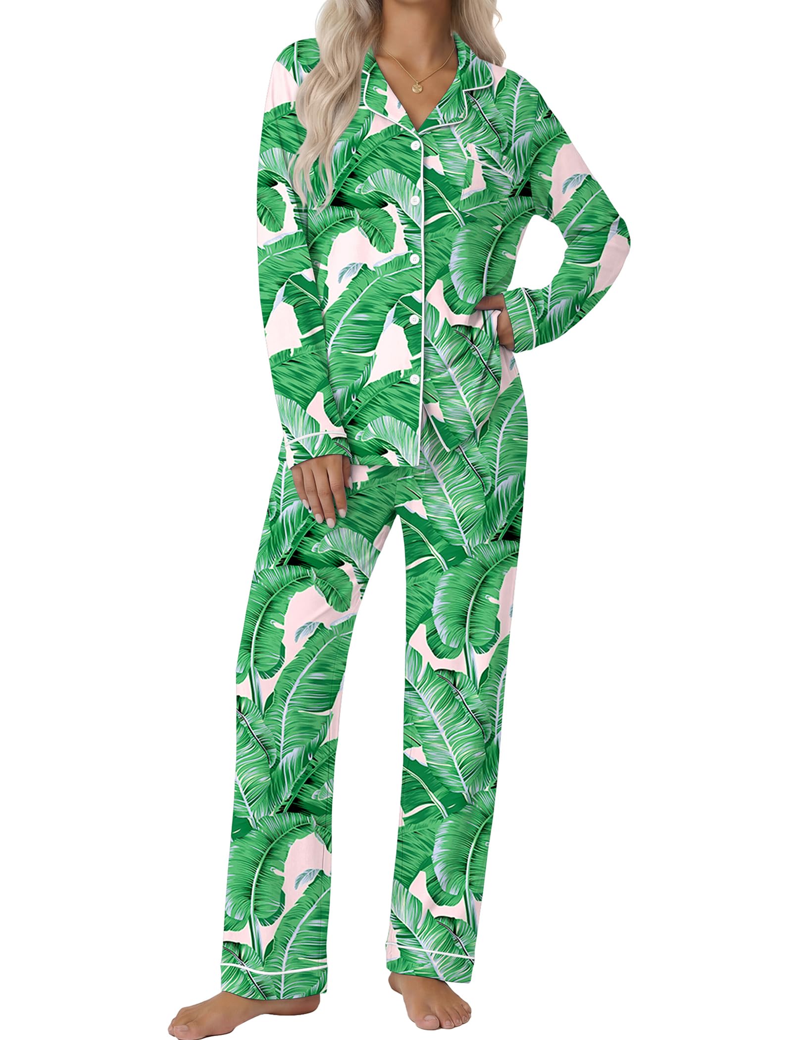 Ekouaer Women's Classic Long Sleeve Button Down Pajama Set